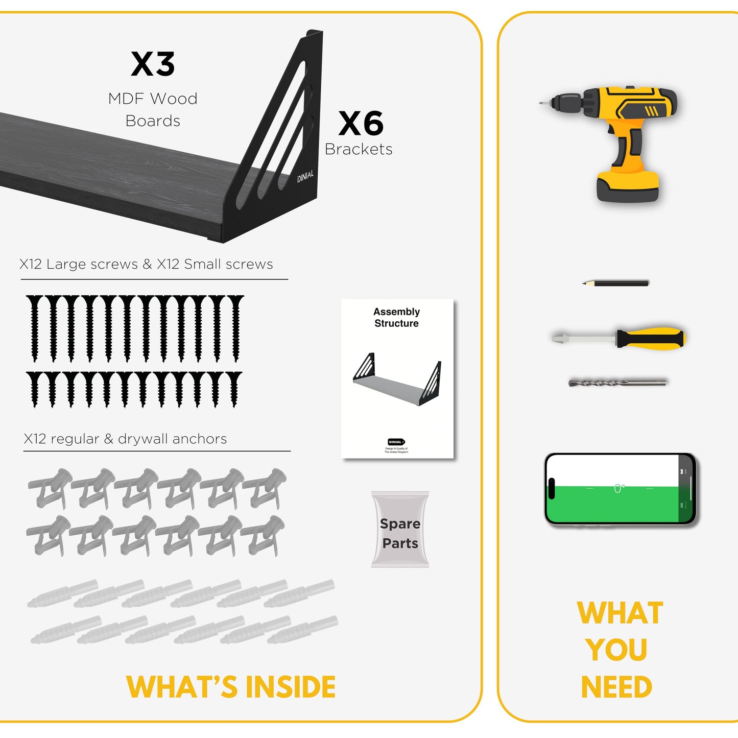 DINIAL Wall Mounted Floating Shelves for Wall Set of 3, Shelf Bookshelf for Bedroom Living Room Office Bathroom Kitchen Rustic Wood with Metal Bracket 03SH-03