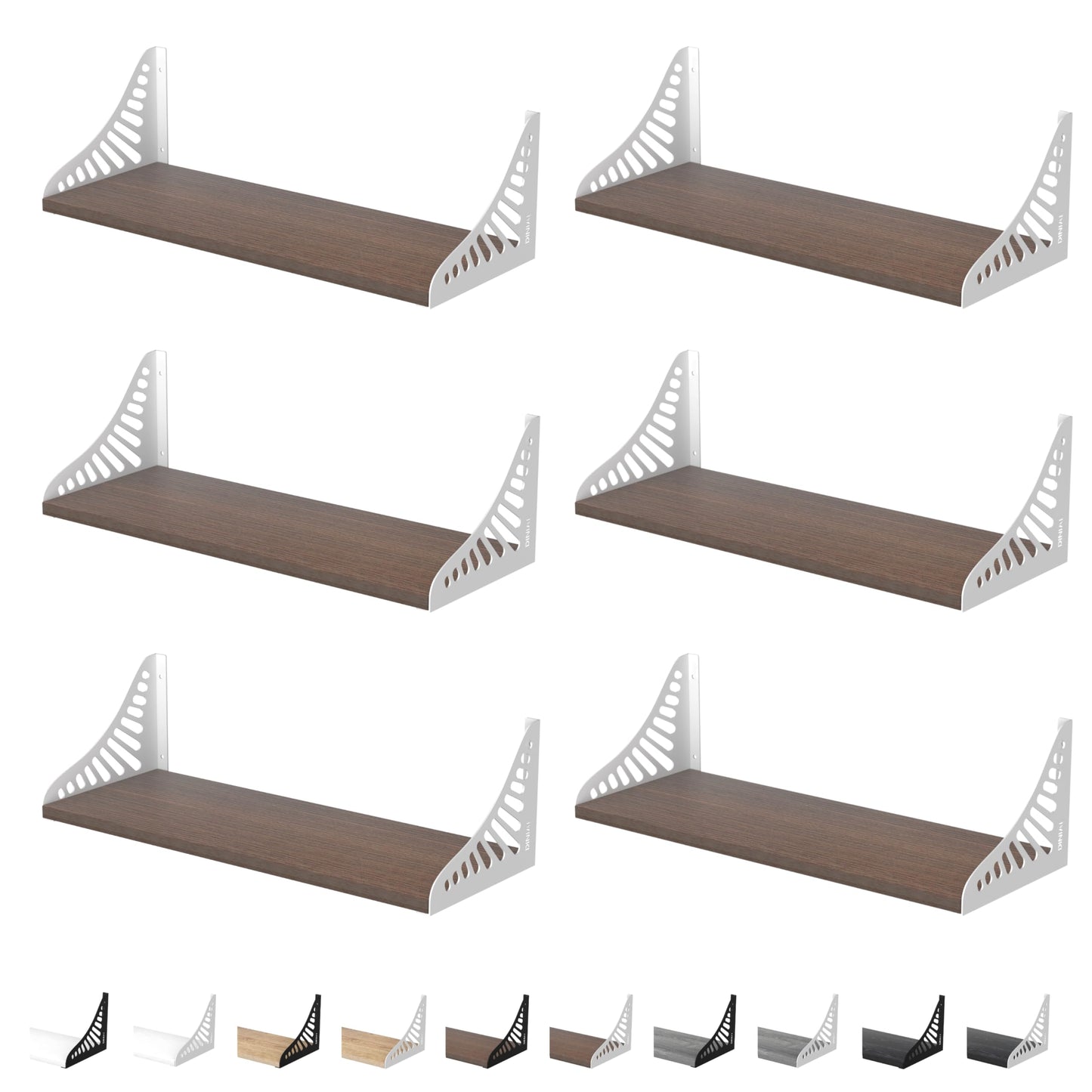 DINIAL Wall Mounted Floating Shelves for Wall Set of 6, Shelf Bookshelf for Bedroom Living Room Office Bathroom Kitchen Rustic Wood with Metal Bracket 04SH-06