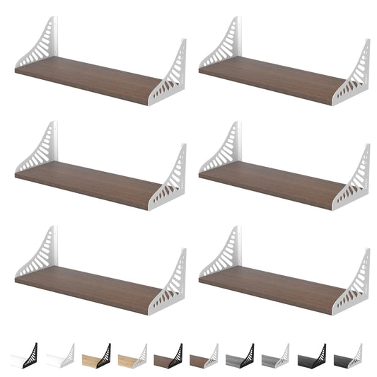DINIAL Wall Mounted Floating Shelves for Wall Set of 6, Shelf Bookshelf for Bedroom Living Room Office Bathroom Kitchen Rustic Wood with Metal Bracket 04SH-06