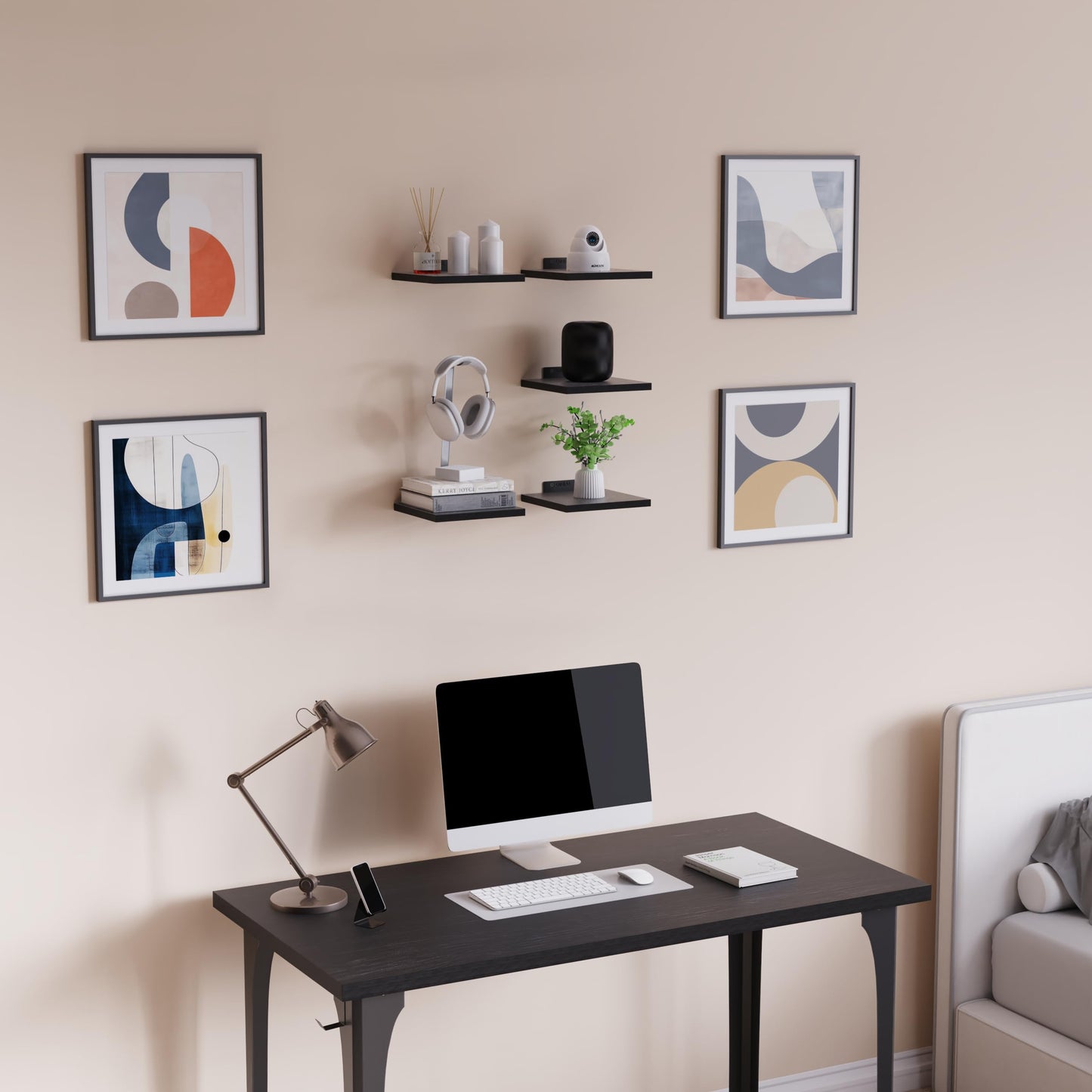 DINIAL Wall Mounted Floating Shelves for Wall Set of 5 size 15x15cm, Shelf Bookshelf for Bedroom Living Room Office Bathroom Kitchen Rustic Wood with Metal Bracket