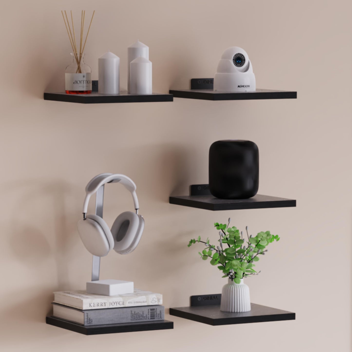 DINIAL Wall Mounted Floating Shelves for Wall Set of 5 size 15x15cm, Shelf Bookshelf for Bedroom Living Room Office Bathroom Kitchen Rustic Wood with Metal Bracket