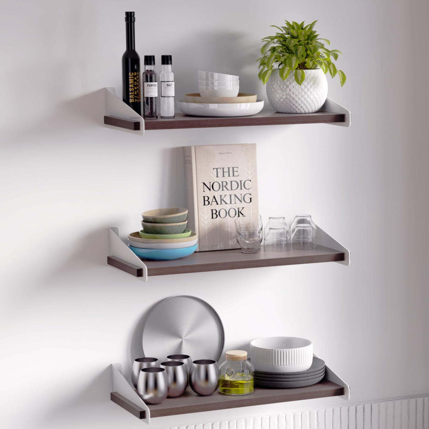 DINIAL Wall Mounted Floating Shelves for Wall Set of 3, Shelf Bookshelf for Bedroom Living Room Office Bathroom Kitchen Rustic Wood with Metal Bracket 01SH-03