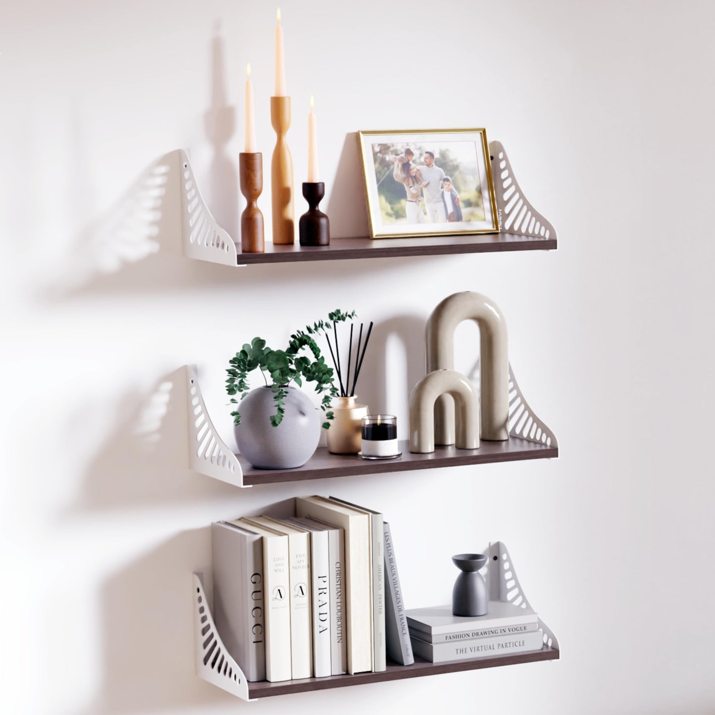 DINIAL Wall Mounted Floating Shelves for Wall Set of 3, Shelf Bookshelf for Bedroom Living Room Office Bathroom Kitchen Rustic Wood with Metal Bracket 04