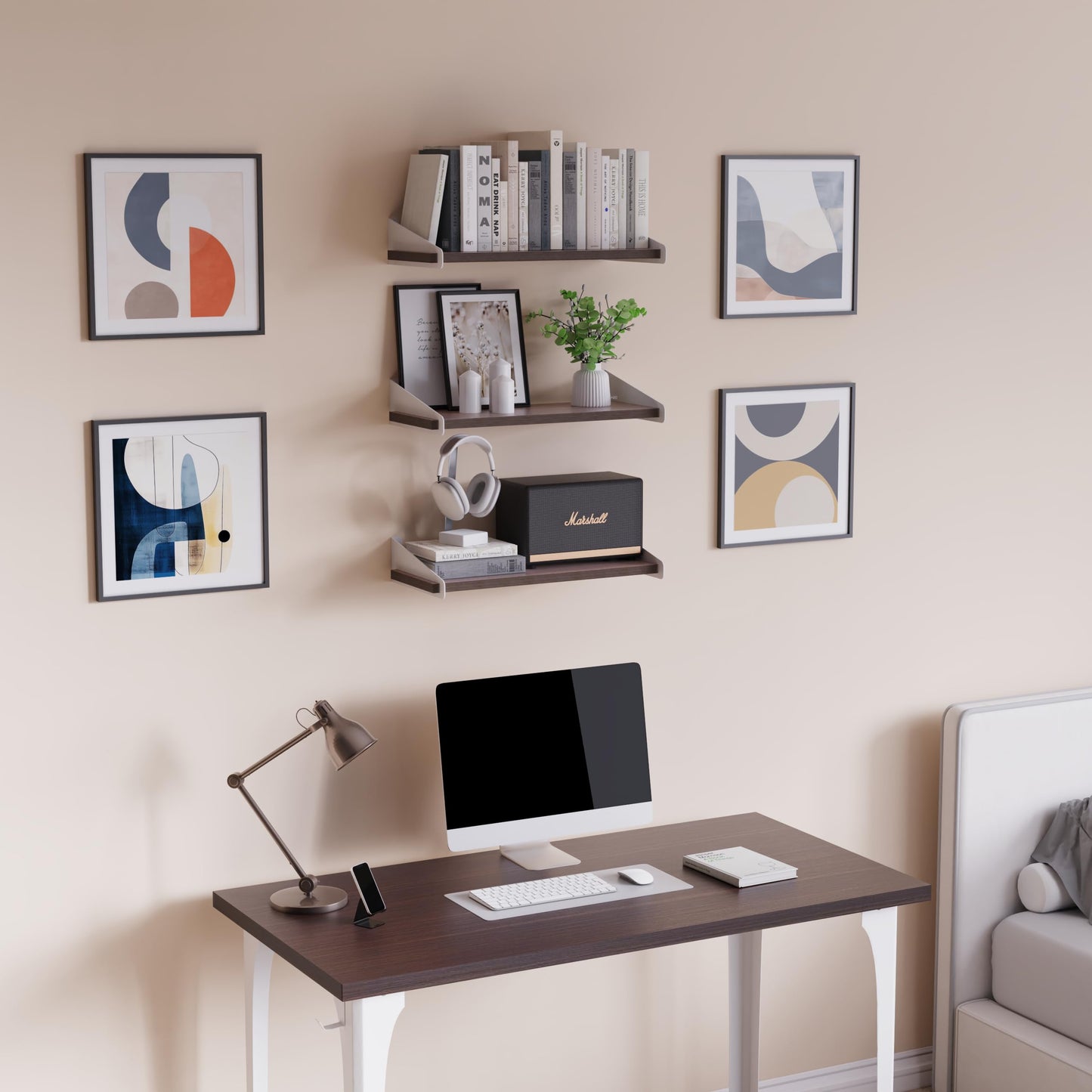 DINIAL Wall Mounted Floating Shelves for Wall Set of 3, Shelf Bookshelf for Bedroom Living Room Office Bathroom Kitchen Rustic Wood with Metal Bracket 01SH-03