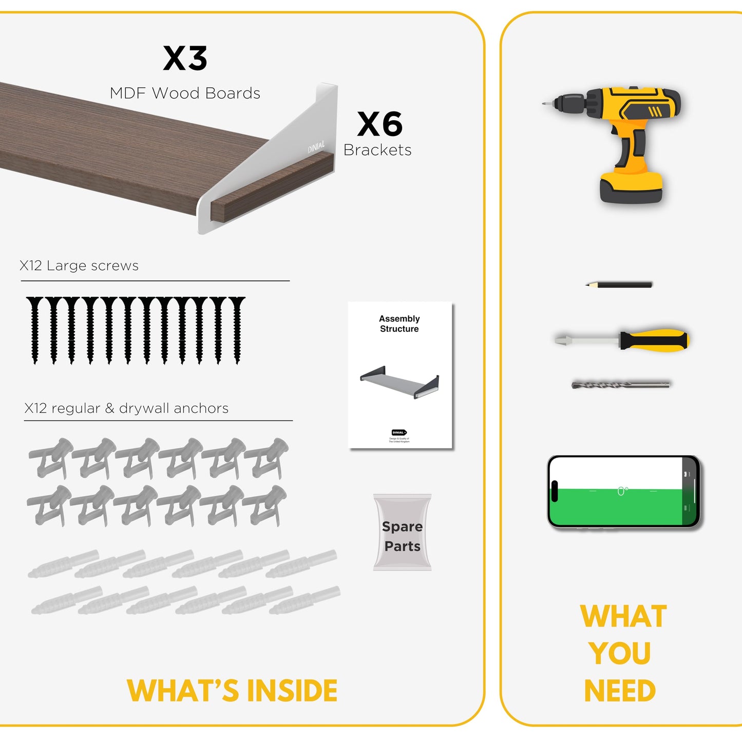 DINIAL Wall Mounted Floating Shelves for Wall Set of 3, Shelf Bookshelf for Bedroom Living Room Office Bathroom Kitchen Rustic Wood with Metal Bracket 01SH-03