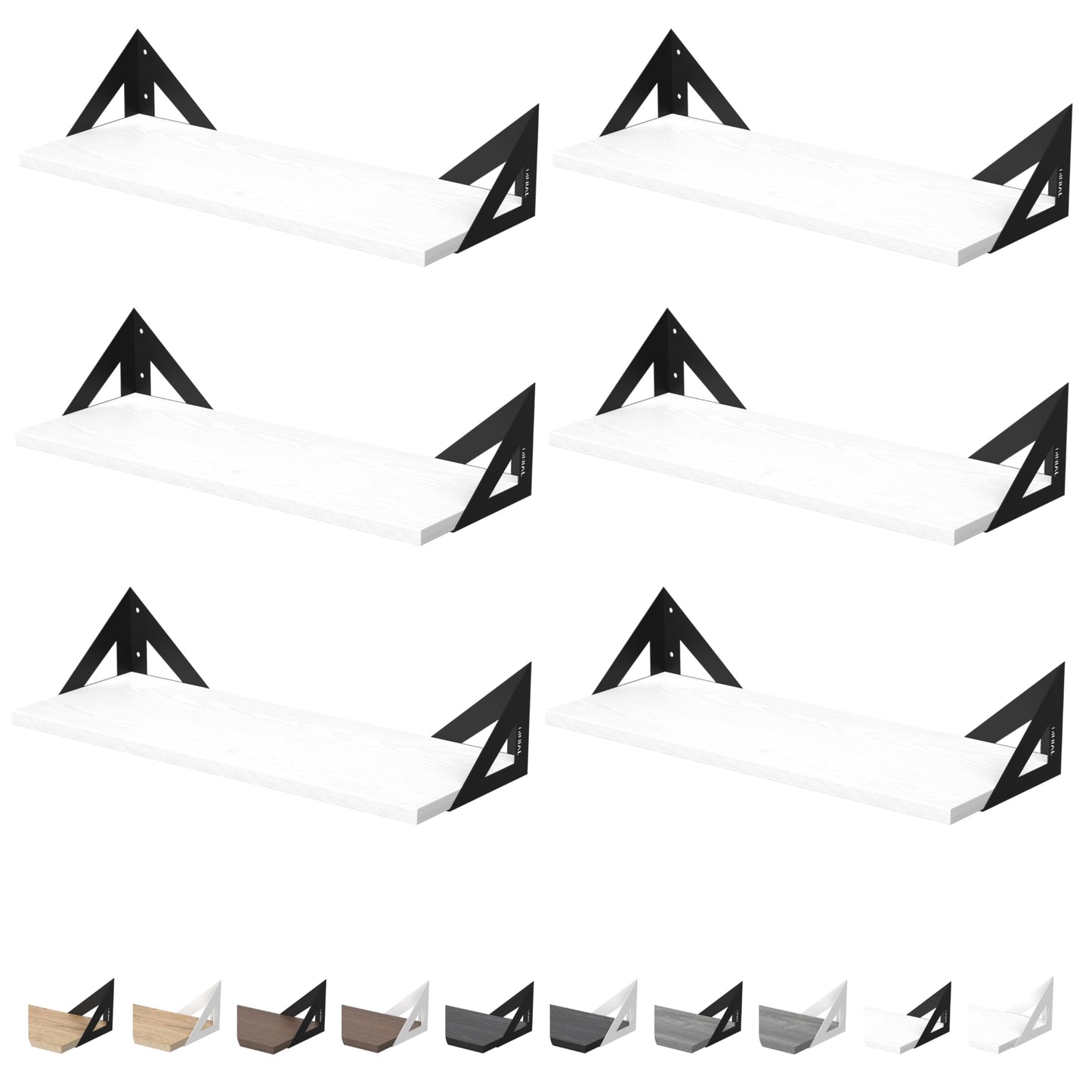 DINIAL Wall Mounted Floating Shelves for Wall Set of 6, Shelf Bookshelf for Bedroom Living Room Office Bathroom Kitchen Rustic Wood with Metal Bracket 02SH-06