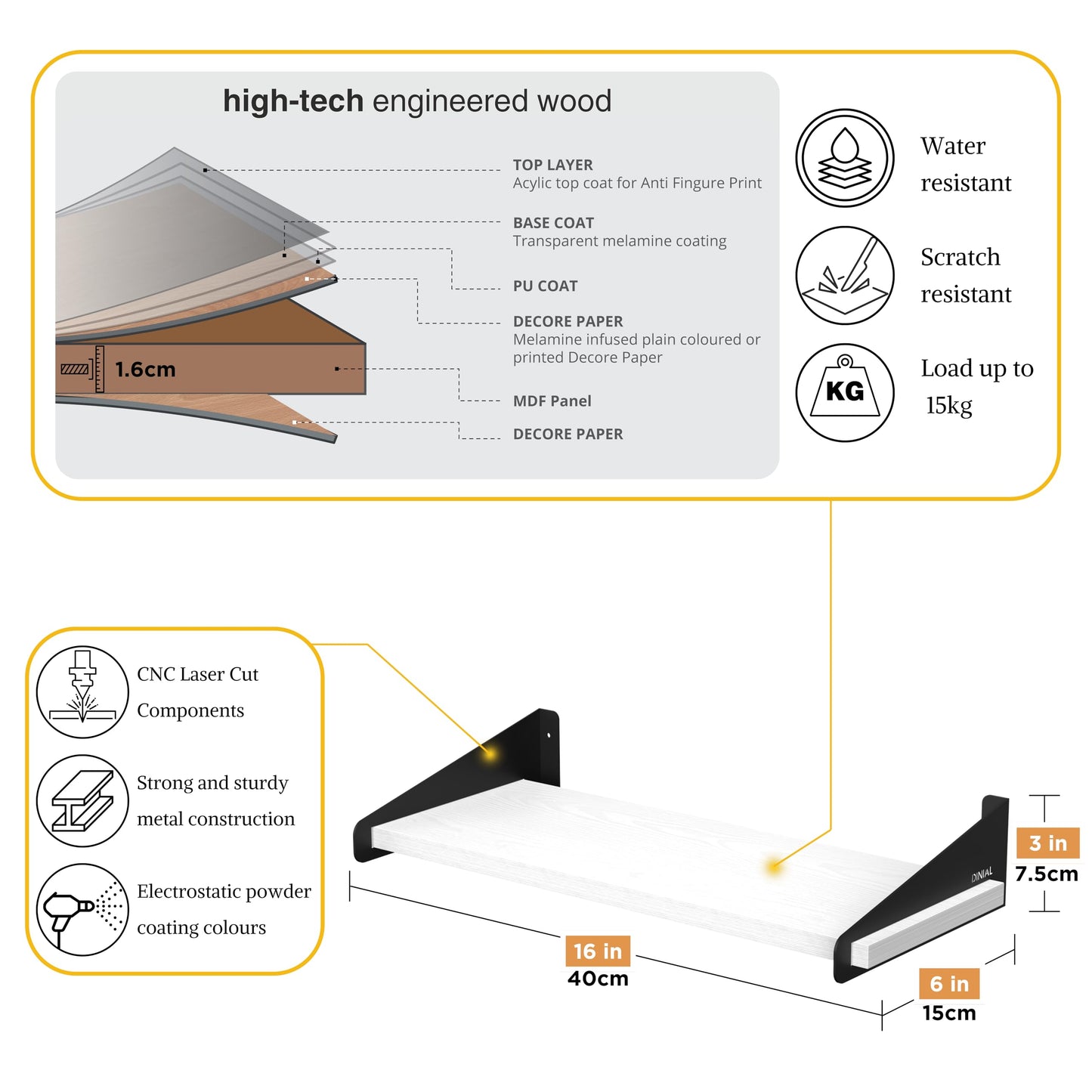 DINIAL Wall Mounted Floating Shelves for Wall Set of 3, Shelf Bookshelf for Bedroom Living Room Office Bathroom Kitchen Rustic Wood with Metal Bracket 01SH-03