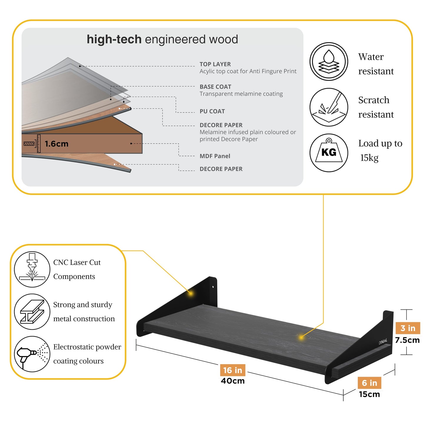 DINIAL Wall Mounted Floating Shelves for Wall Set of 3, Shelf Bookshelf for Bedroom Living Room Office Bathroom Kitchen Rustic Wood with Metal Bracket 01SH-03