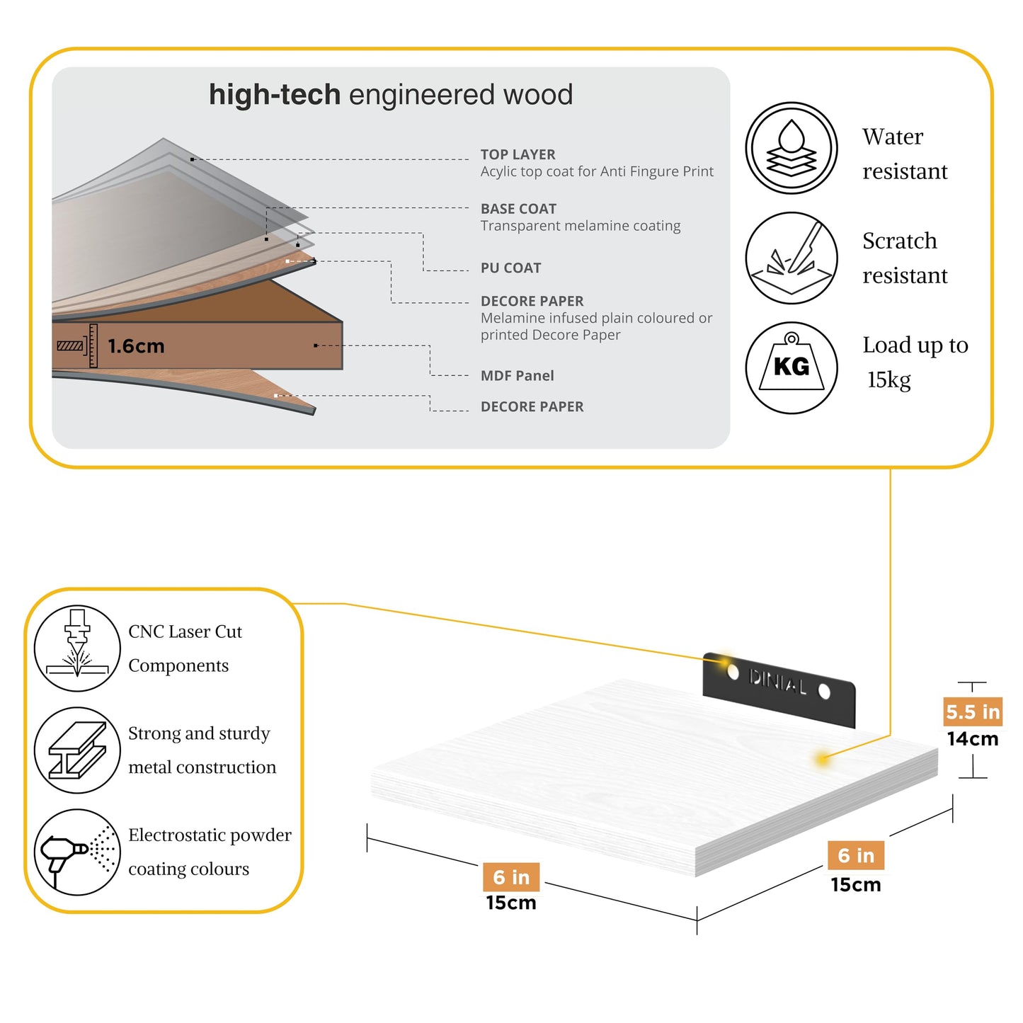 DINIAL Wall Mounted Floating Shelves for Wall Set of 5 size 15x15cm, Shelf Bookshelf for Bedroom Living Room Office Bathroom Kitchen Rustic Wood with Metal Bracket