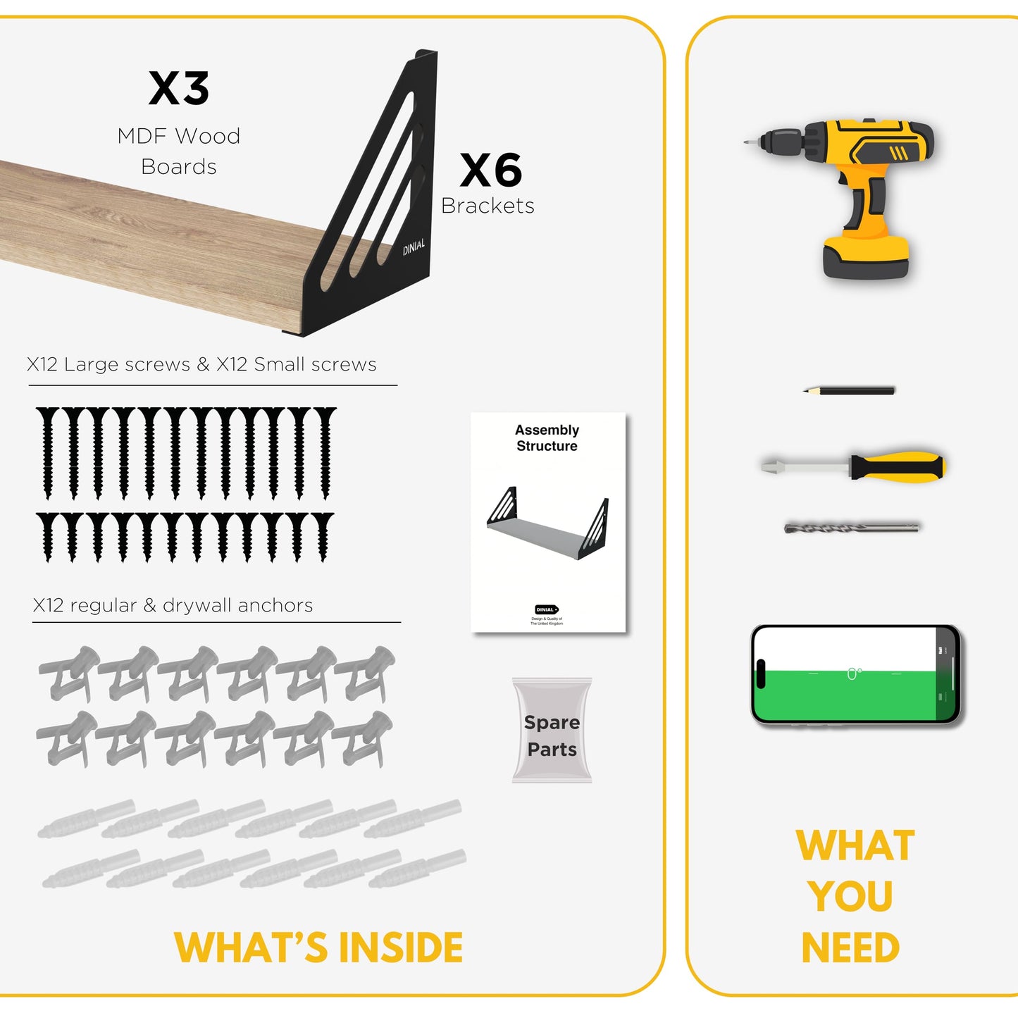 DINIAL Wall Mounted Floating Shelves for Wall Set of 3, Shelf Bookshelf for Bedroom Living Room Office Bathroom Kitchen Rustic Wood with Metal Bracket 03SH-03