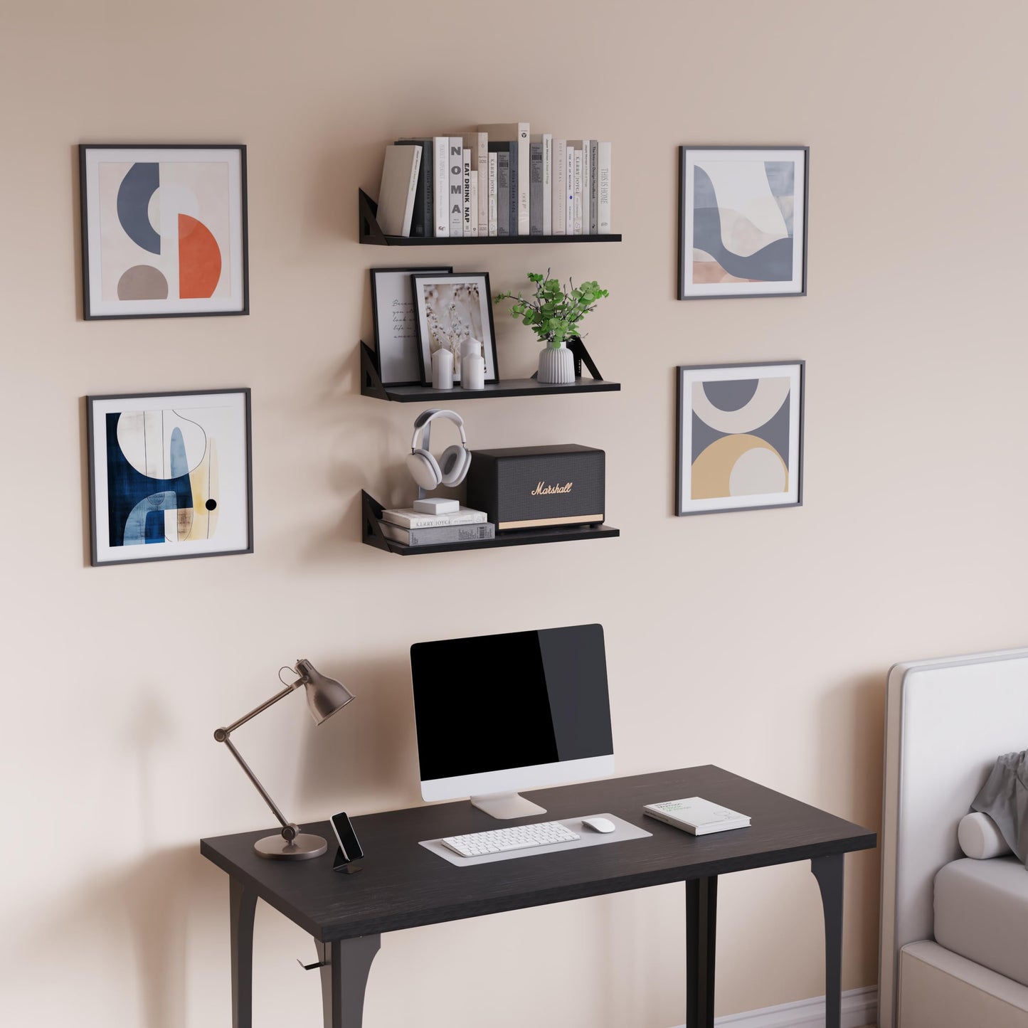 DINIAL Wall Mounted Floating Shelves for Wall Set of 3, Shelf Bookshelf for Bedroom Living Room Office Bathroom Kitchen Rustic Wood with Metal Bracket 02H-03