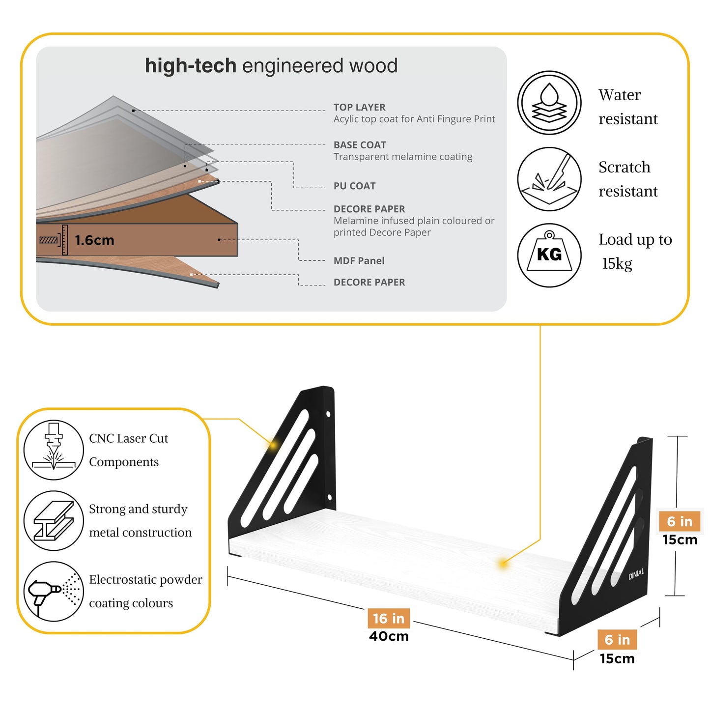 DINIAL Wall Mounted Floating Shelves for Wall Set of 3, Shelf Bookshelf for Bedroom Living Room Office Bathroom Kitchen Rustic Wood with Metal Bracket 03SH-03