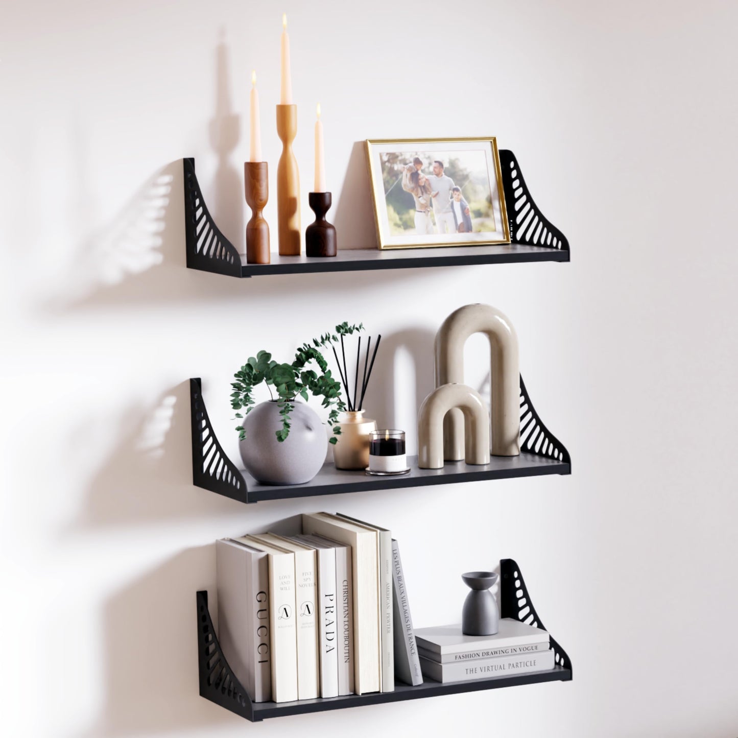 DINIAL Wall Mounted Floating Shelves for Wall Set of 3, Shelf Bookshelf for Bedroom Living Room Office Bathroom Kitchen Rustic Wood with Metal Bracket 04