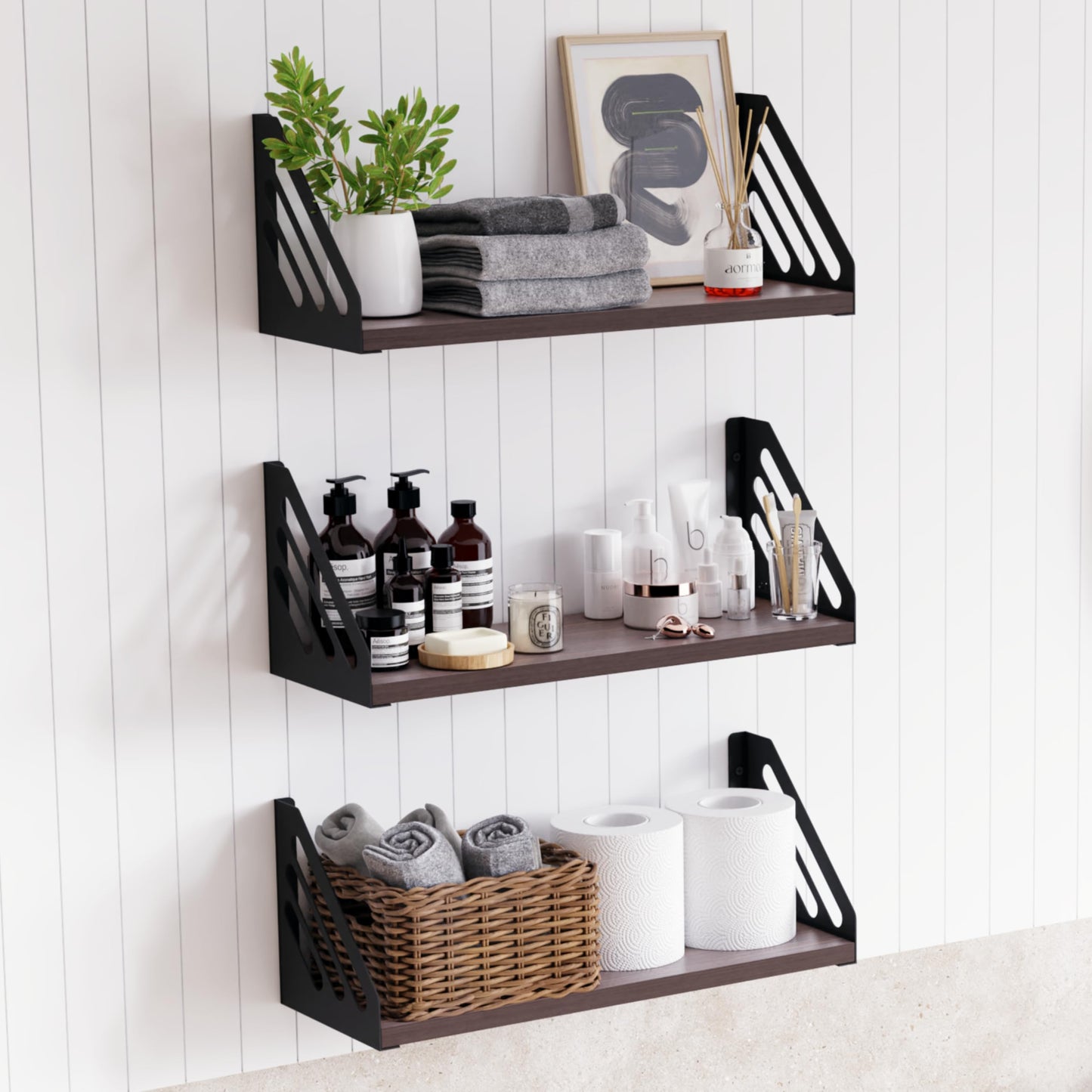 DINIAL Wall Mounted Floating Shelves for Wall Set of 3, Shelf Bookshelf for Bedroom Living Room Office Bathroom Kitchen Rustic Wood with Metal Bracket 03SH-03