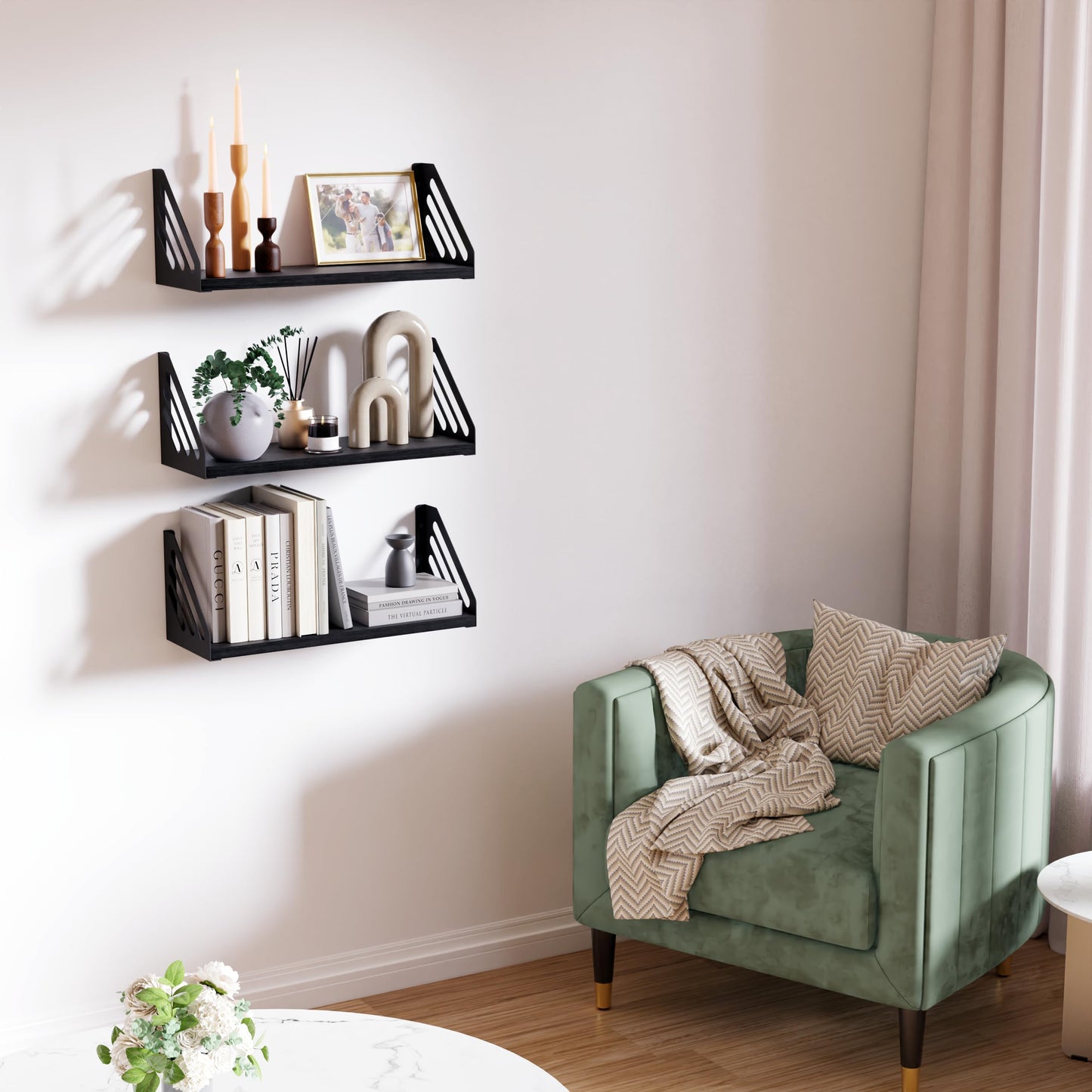 DINIAL Wall Mounted Floating Shelves for Wall Set of 3, Shelf Bookshelf for Bedroom Living Room Office Bathroom Kitchen Rustic Wood with Metal Bracket 03SH-03