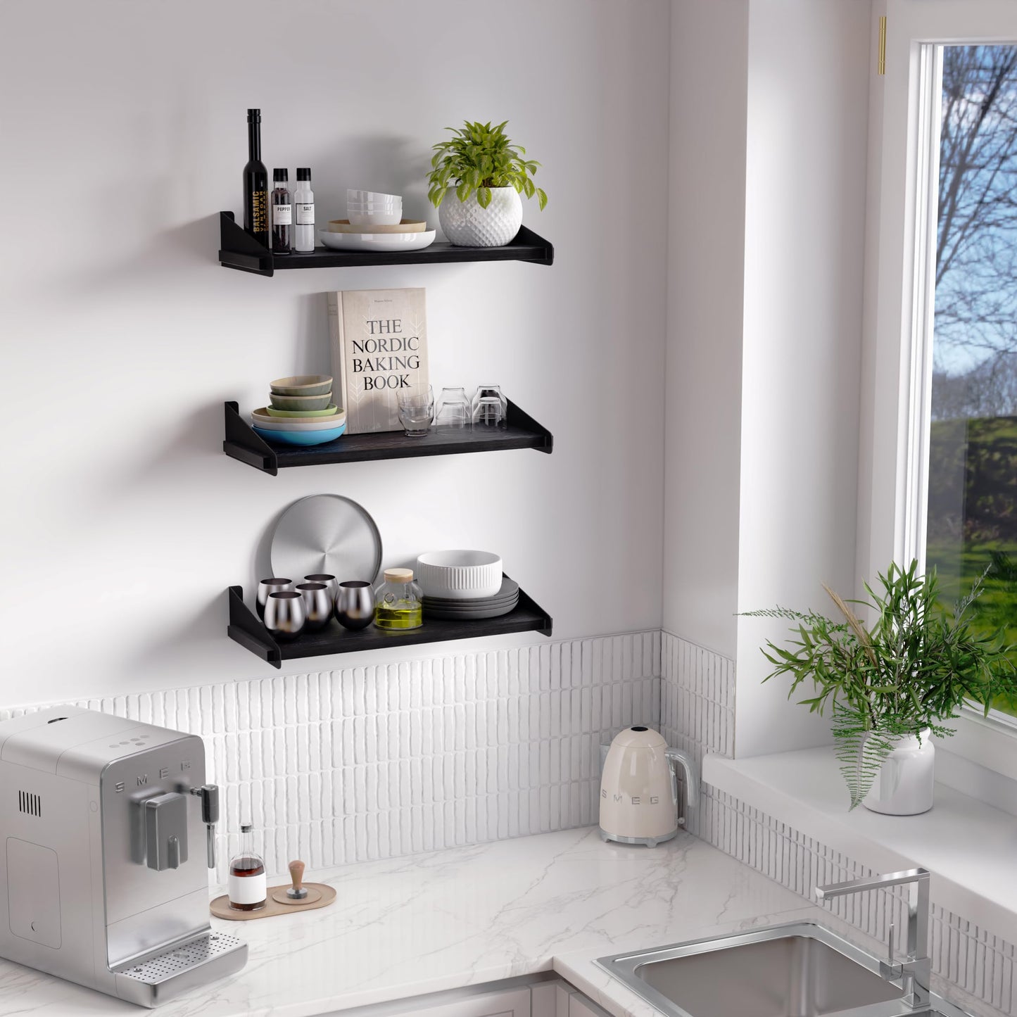 DINIAL Wall Mounted Floating Shelves for Wall Set of 3, Shelf Bookshelf for Bedroom Living Room Office Bathroom Kitchen Rustic Wood with Metal Bracket 01SH-03