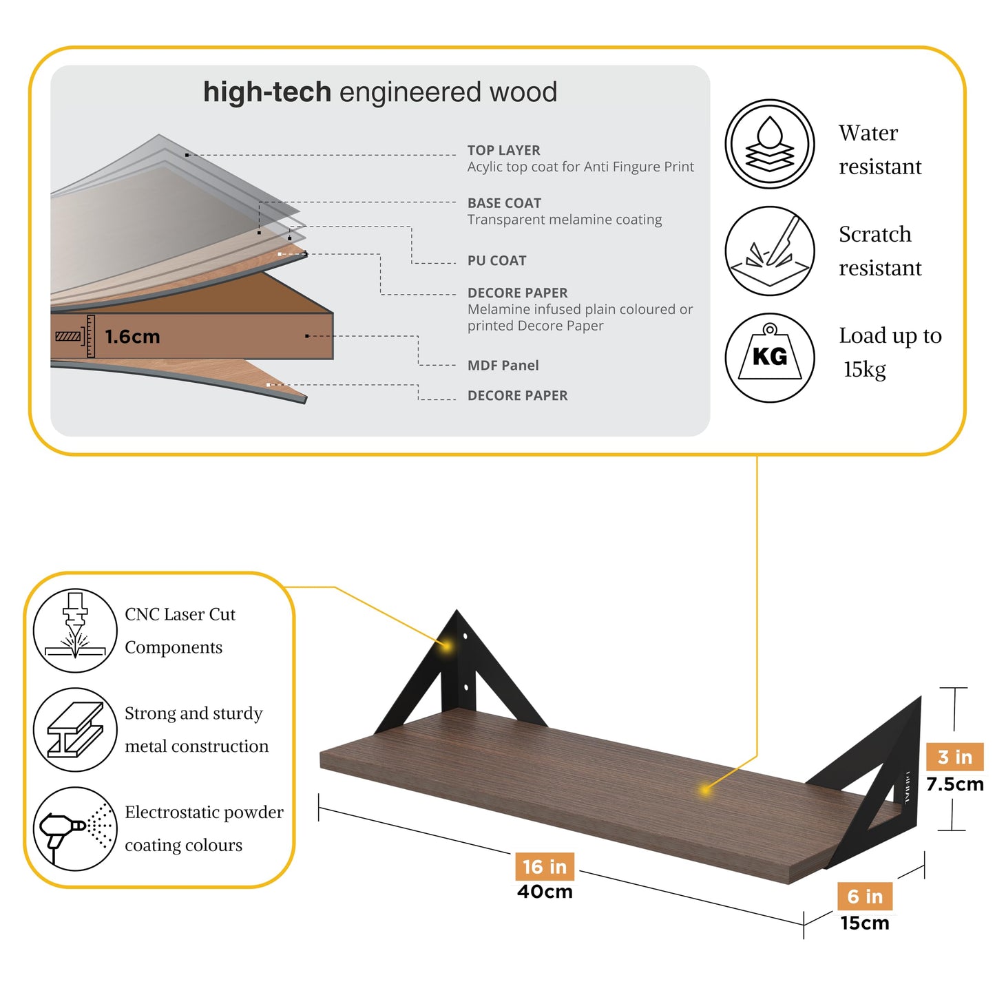 DINIAL Wall Mounted Floating Shelves for Wall Set of 6, Shelf Bookshelf for Bedroom Living Room Office Bathroom Kitchen Rustic Wood with Metal Bracket 02SH-06