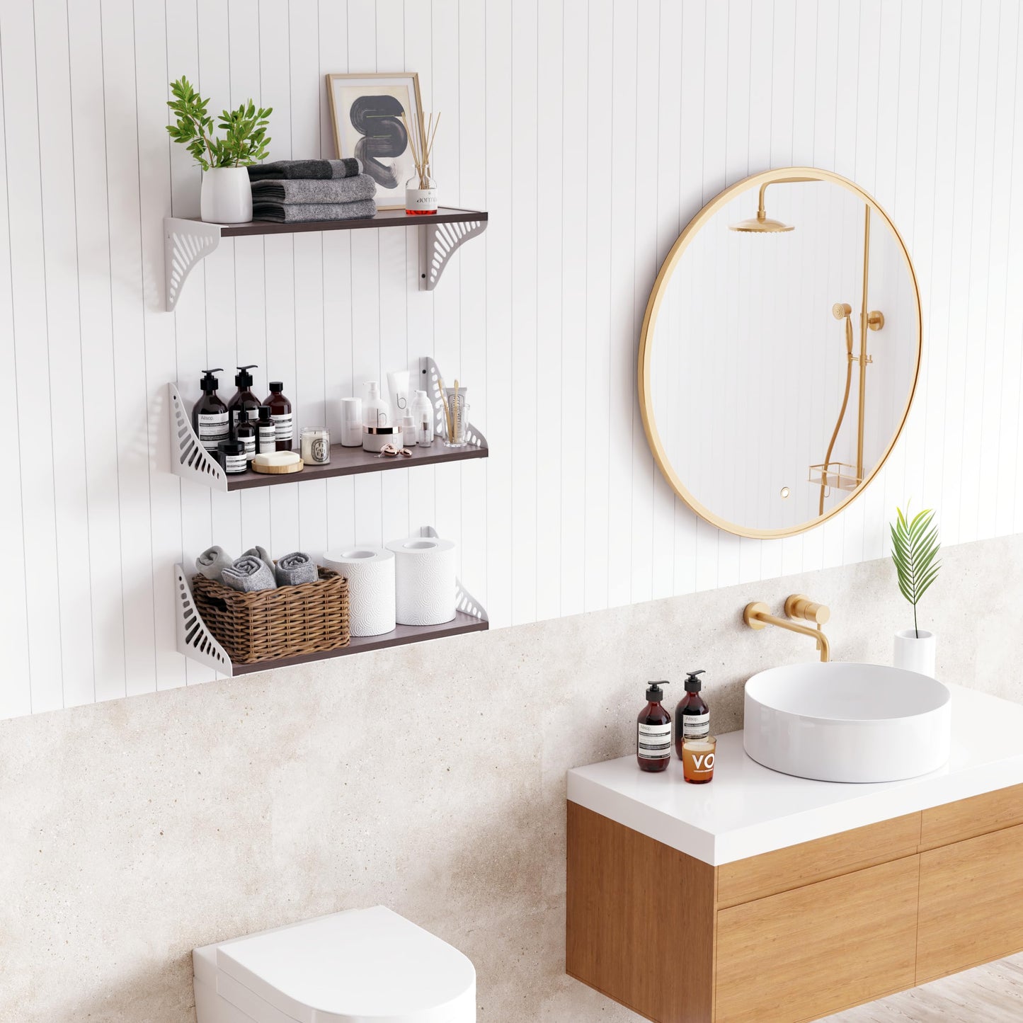 DINIAL Wall Mounted Floating Shelves for Wall Set of 3, Shelf Bookshelf for Bedroom Living Room Office Bathroom Kitchen Rustic Wood with Metal Bracket 04