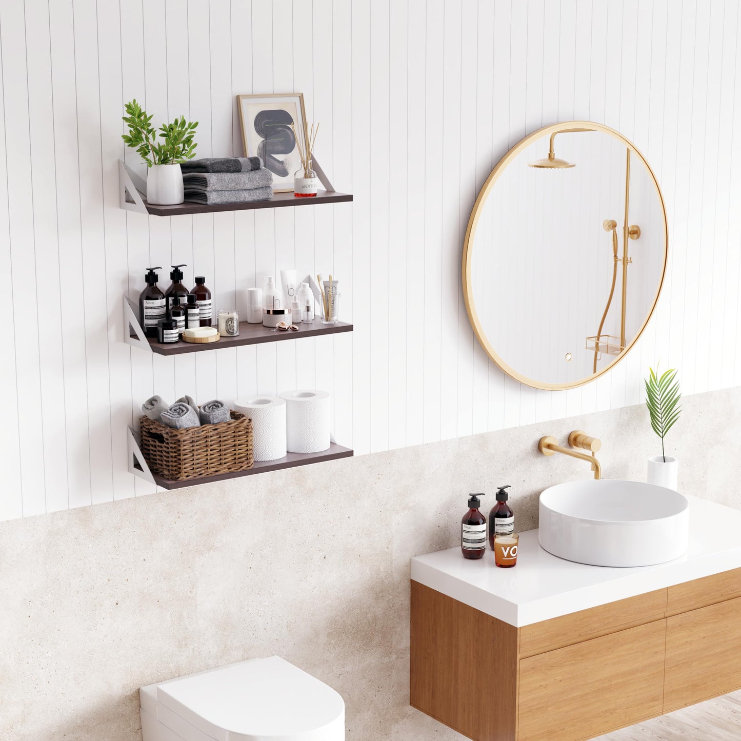 DINIAL Wall Mounted Floating Shelves for Wall Set of 3, Shelf Bookshelf for Bedroom Living Room Office Bathroom Kitchen Rustic Wood with Metal Bracket 02H-03