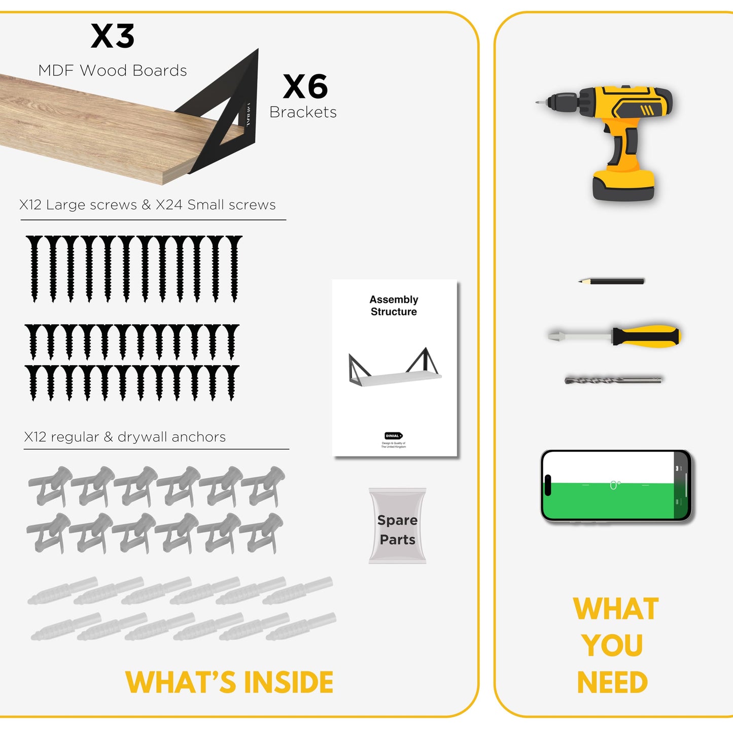 DINIAL Wall Mounted Floating Shelves for Wall Set of 3, Shelf Bookshelf for Bedroom Living Room Office Bathroom Kitchen Rustic Wood with Metal Bracket 02H-03