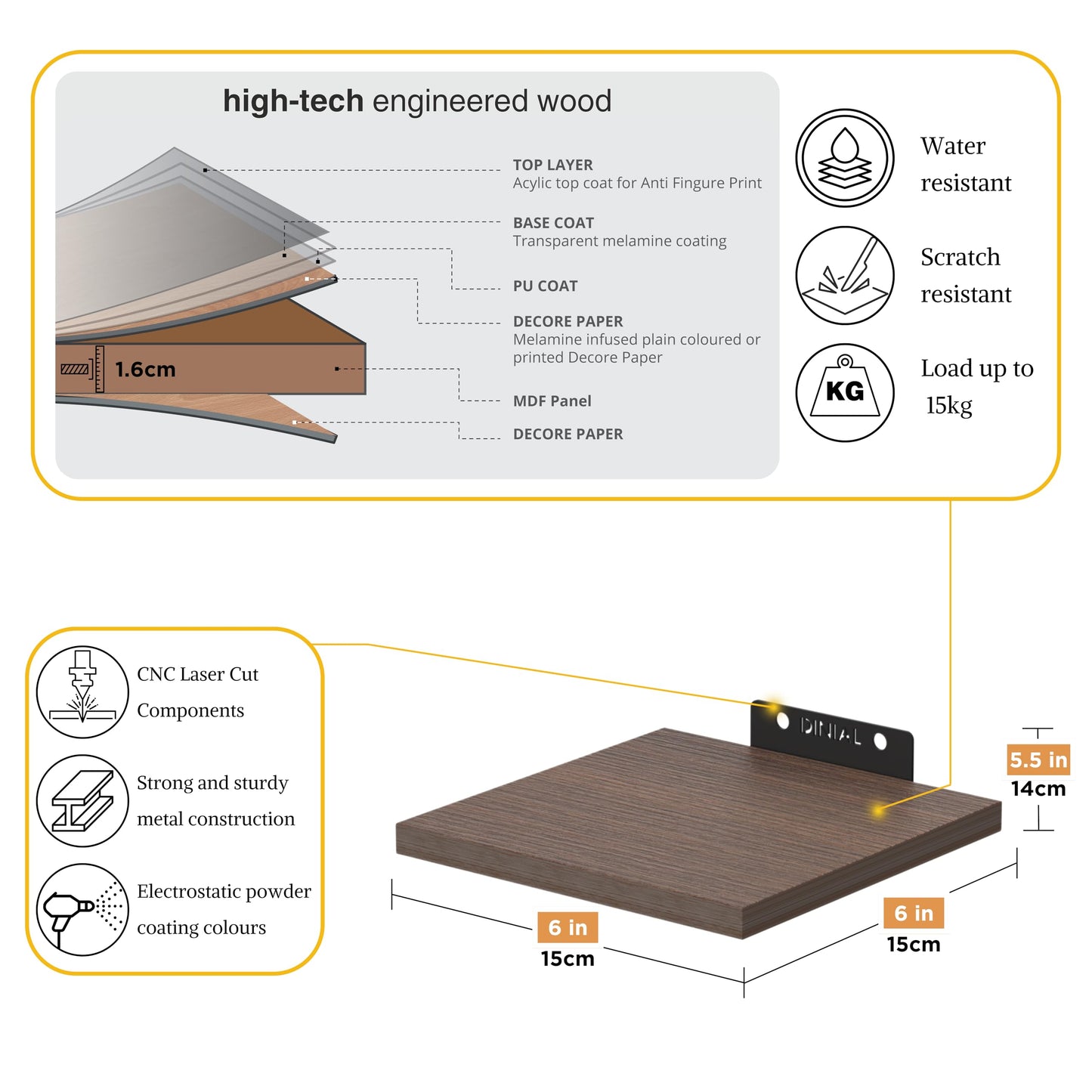 DINIAL Wall Mounted Floating Shelves for Wall Set of 5 size 15x15cm, Shelf Bookshelf for Bedroom Living Room Office Bathroom Kitchen Rustic Wood with Metal Bracket