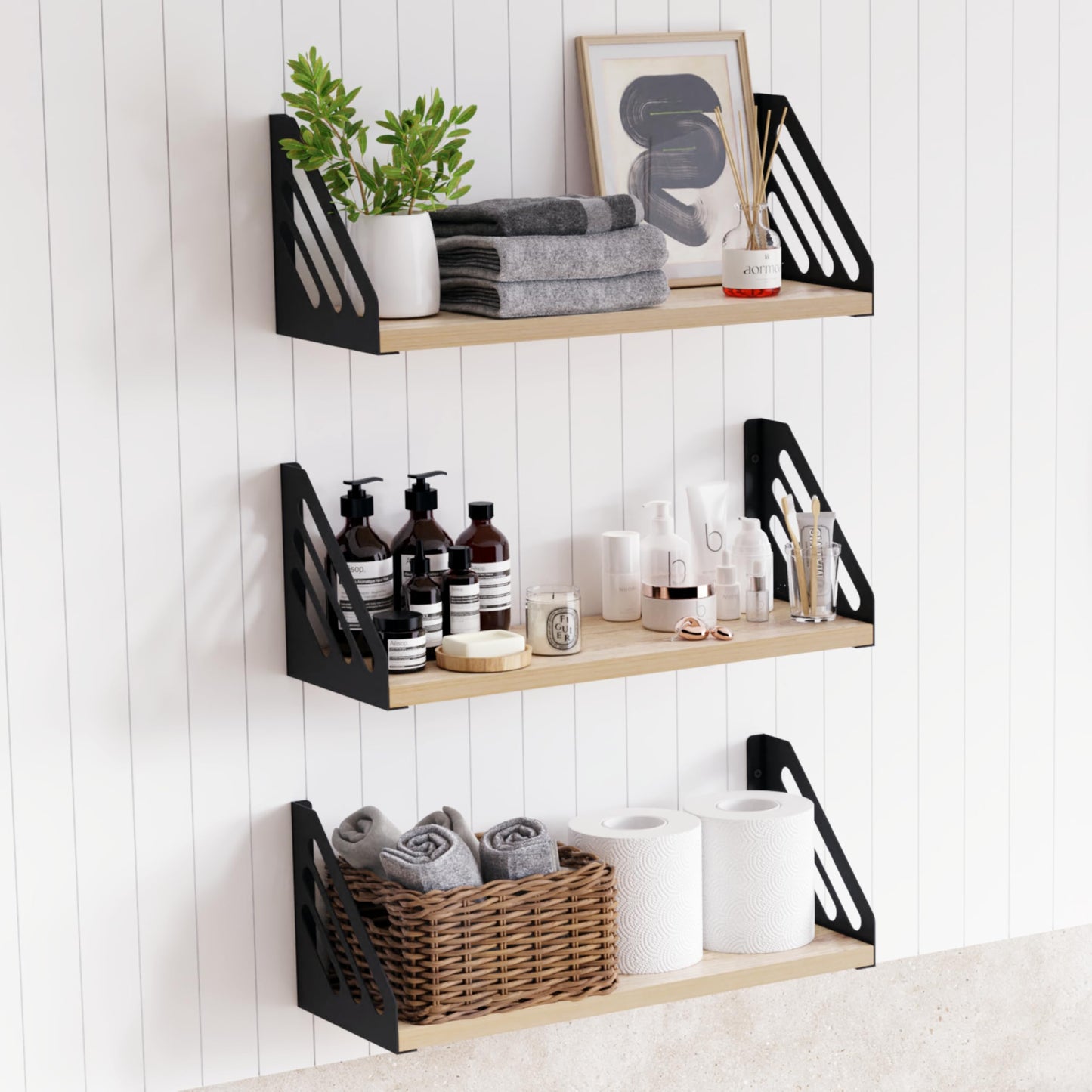 DINIAL Wall Mounted Floating Shelves for Wall Set of 3, Shelf Bookshelf for Bedroom Living Room Office Bathroom Kitchen Rustic Wood with Metal Bracket 03SH-03