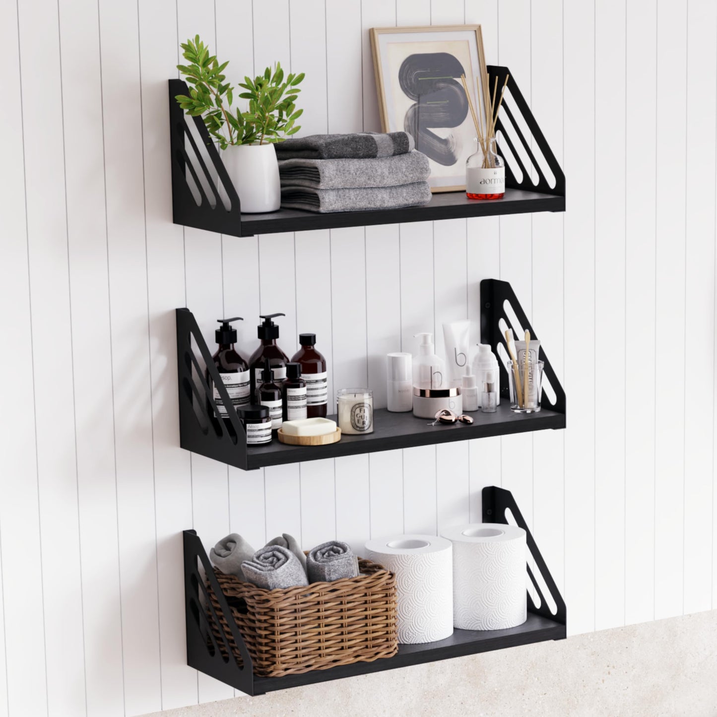 DINIAL Wall Mounted Floating Shelves for Wall Set of 3, Shelf Bookshelf for Bedroom Living Room Office Bathroom Kitchen Rustic Wood with Metal Bracket 03SH-03