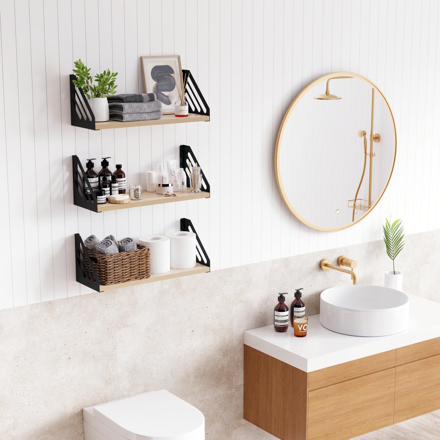 DINIAL Wall Mounted Floating Shelves for Wall Set of 3, Shelf Bookshelf for Bedroom Living Room Office Bathroom Kitchen Rustic Wood with Metal Bracket 03SH-03