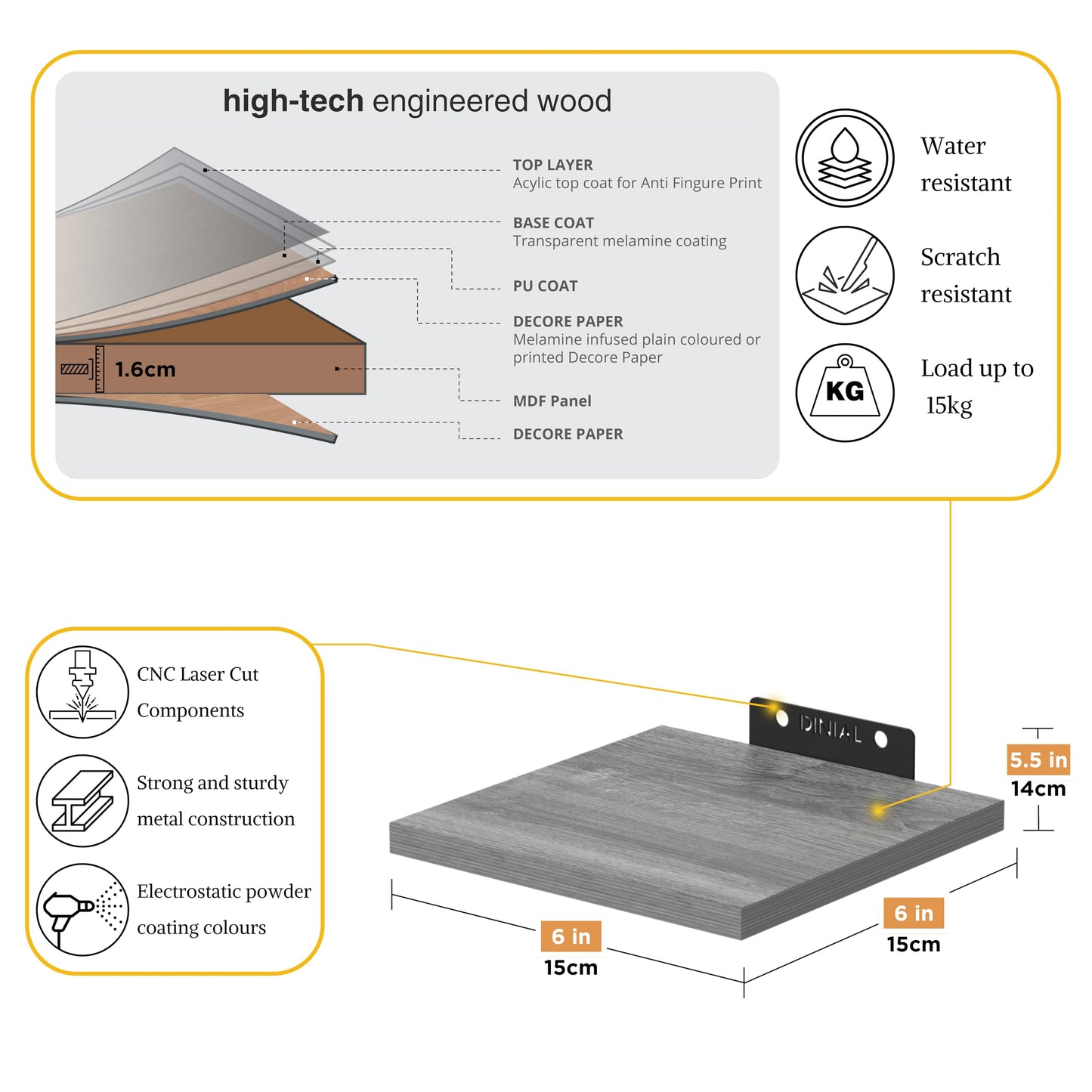 DINIAL Wall Mounted Floating Shelves for Wall Set of 5 size 15x15cm, Shelf Bookshelf for Bedroom Living Room Office Bathroom Kitchen Rustic Wood with Metal Bracket