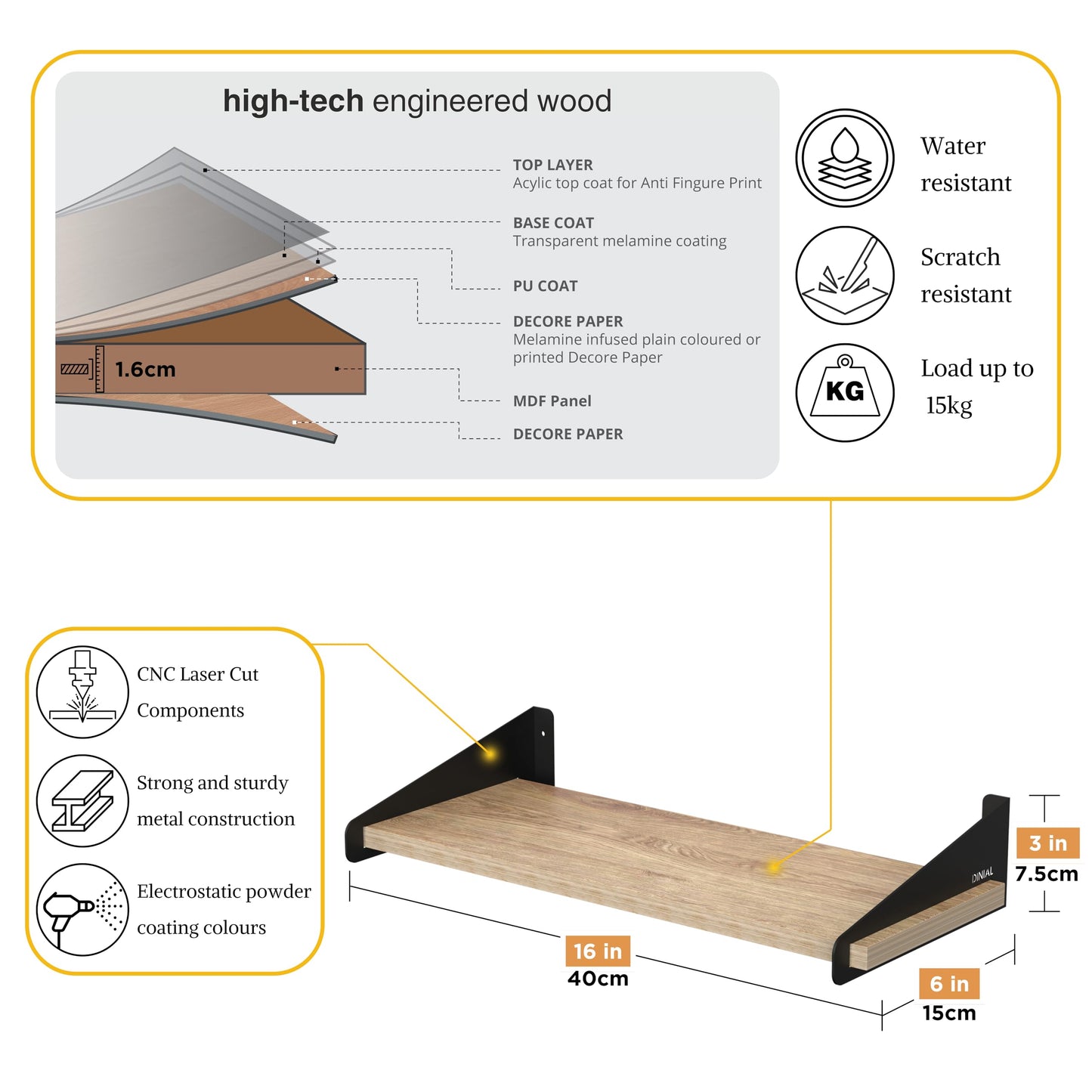 DINIAL Wall Mounted Floating Shelves for Wall Set of 3, Shelf Bookshelf for Bedroom Living Room Office Bathroom Kitchen Rustic Wood with Metal Bracket 01SH-03