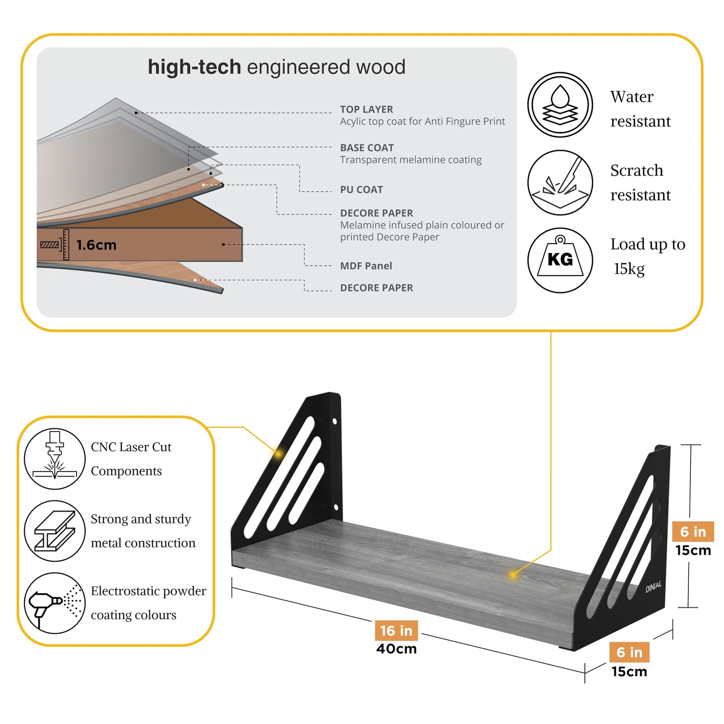 DINIAL Wall Mounted Floating Shelves for Wall Set of 3, Shelf Bookshelf for Bedroom Living Room Office Bathroom Kitchen Rustic Wood with Metal Bracket 03SH-03