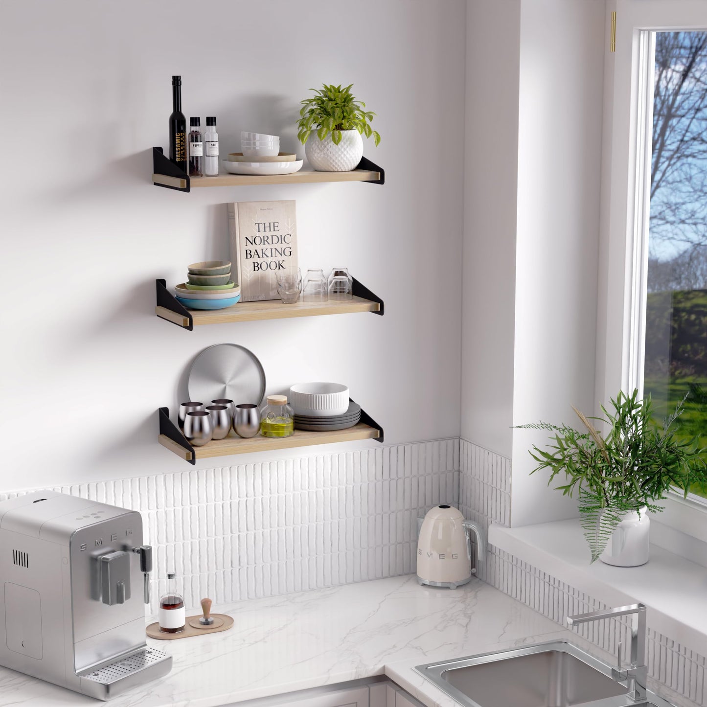 DINIAL Wall Mounted Floating Shelves for Wall Set of 3, Shelf Bookshelf for Bedroom Living Room Office Bathroom Kitchen Rustic Wood with Metal Bracket 01SH-03