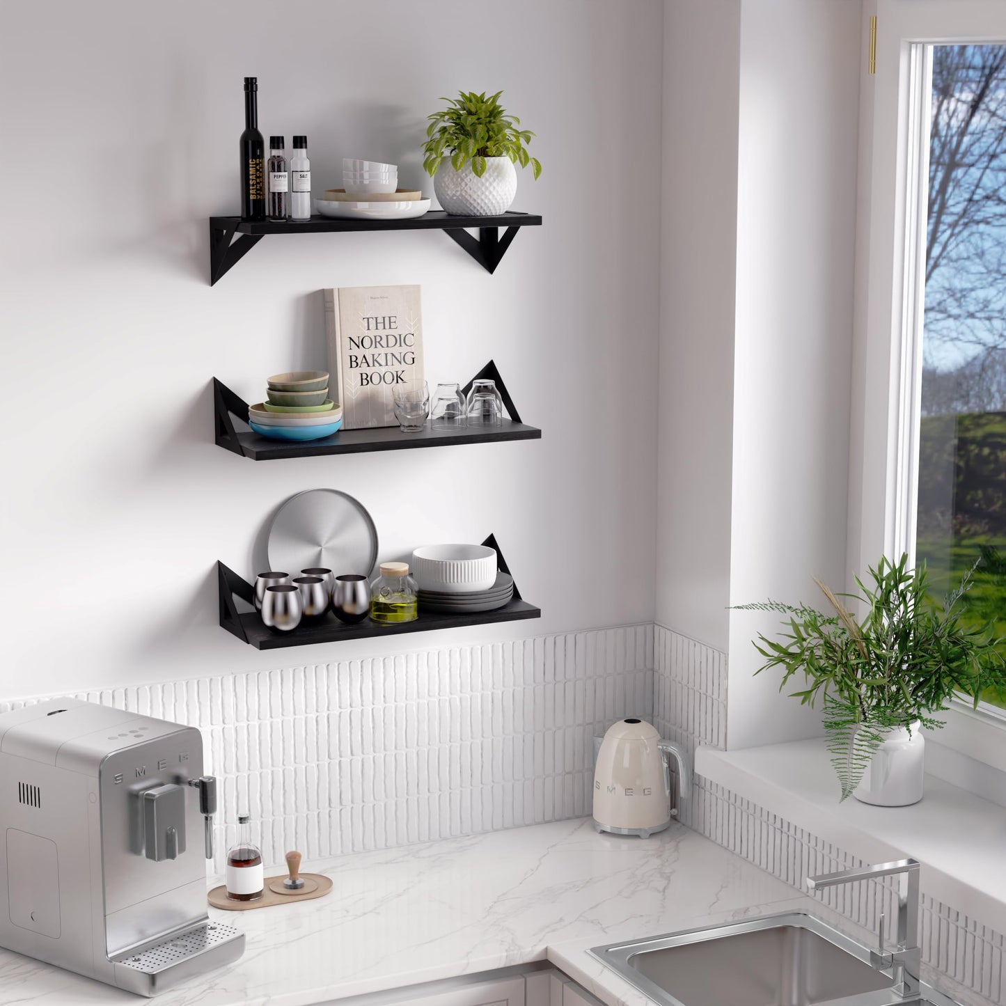 DINIAL Wall Mounted Floating Shelves for Wall Set of 3, Shelf Bookshelf for Bedroom Living Room Office Bathroom Kitchen Rustic Wood with Metal Bracket 02H-03