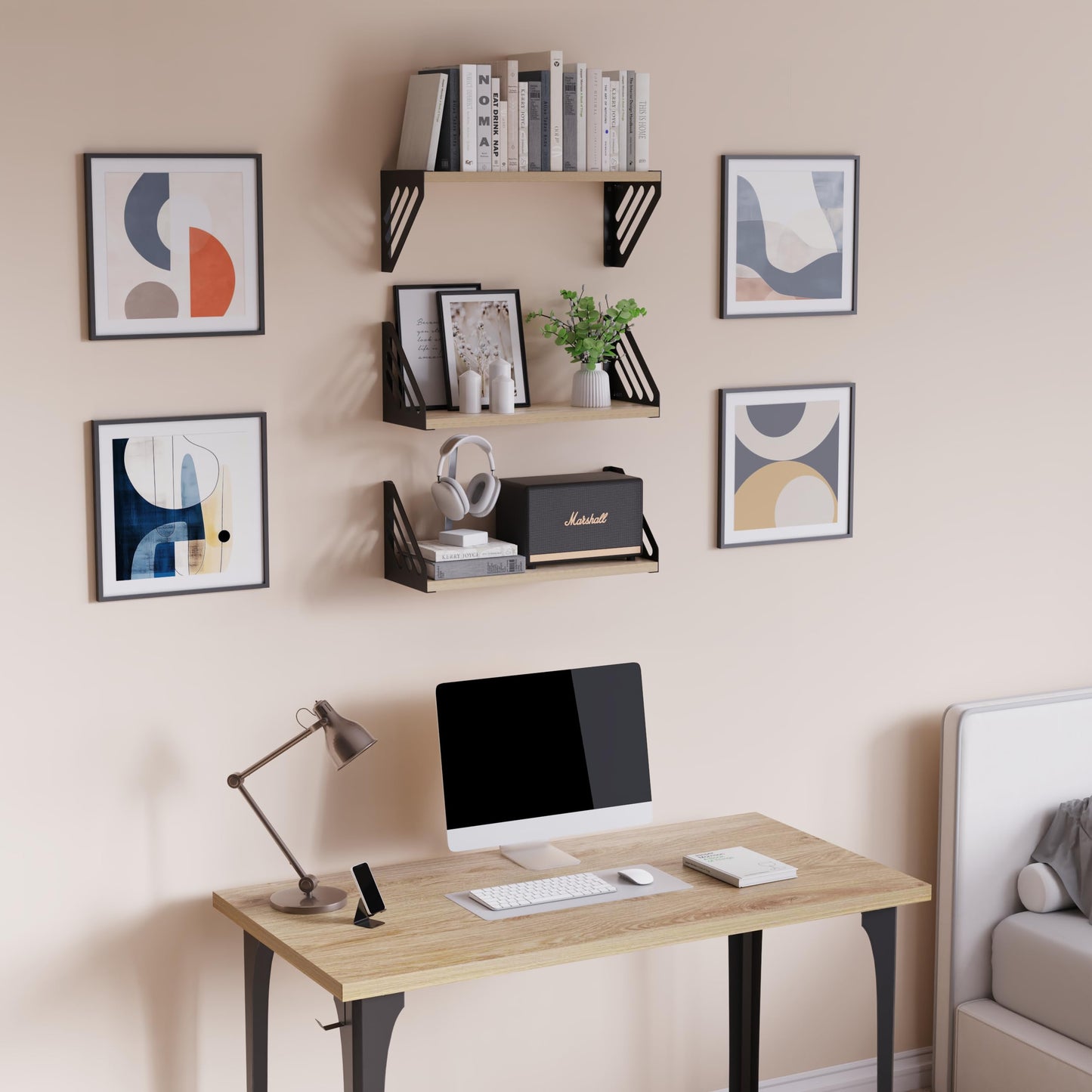 DINIAL Wall Mounted Floating Shelves for Wall Set of 3, Shelf Bookshelf for Bedroom Living Room Office Bathroom Kitchen Rustic Wood with Metal Bracket 03SH-03