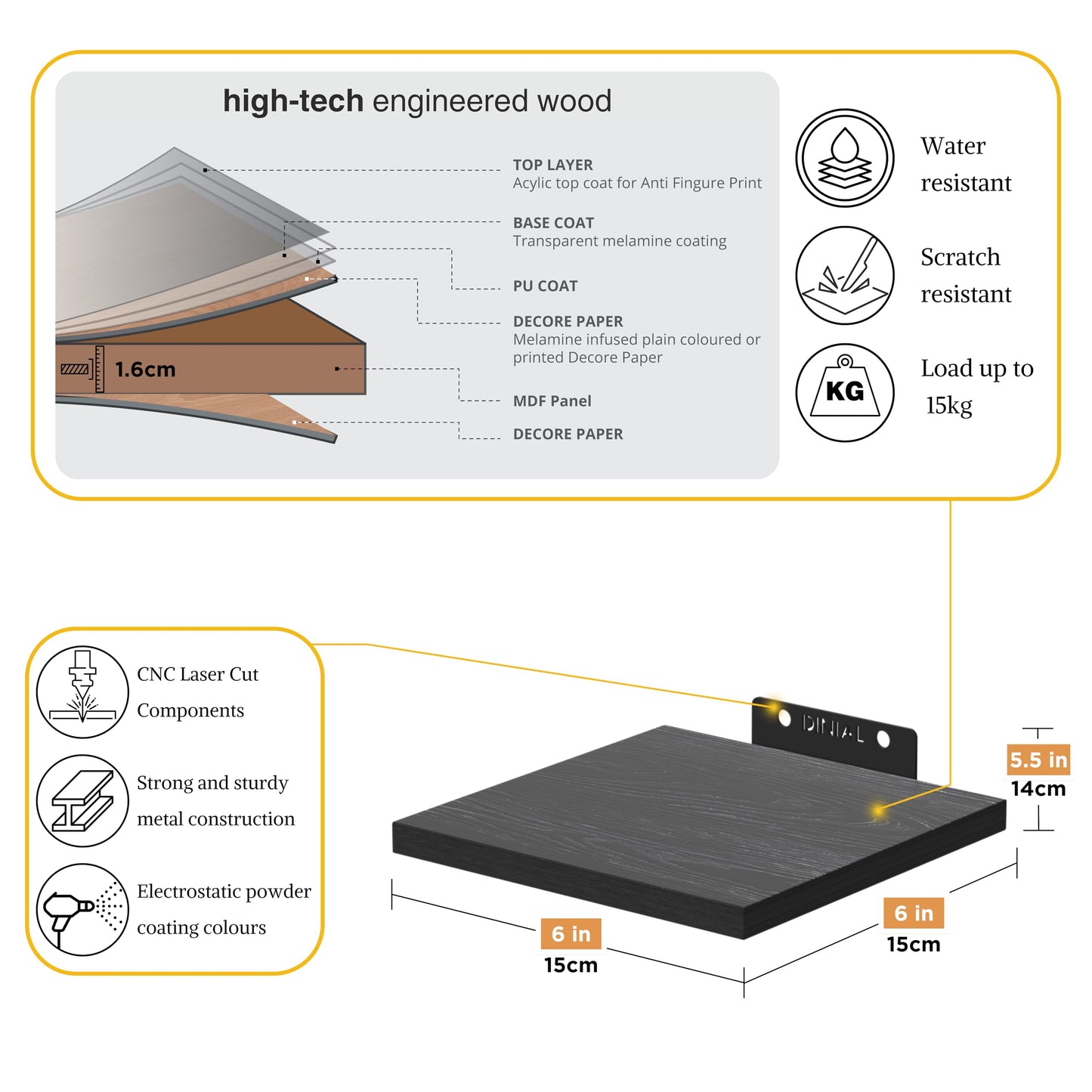 DINIAL Wall Mounted Floating Shelves for Wall Set of 5 size 15x15cm, Shelf Bookshelf for Bedroom Living Room Office Bathroom Kitchen Rustic Wood with Metal Bracket