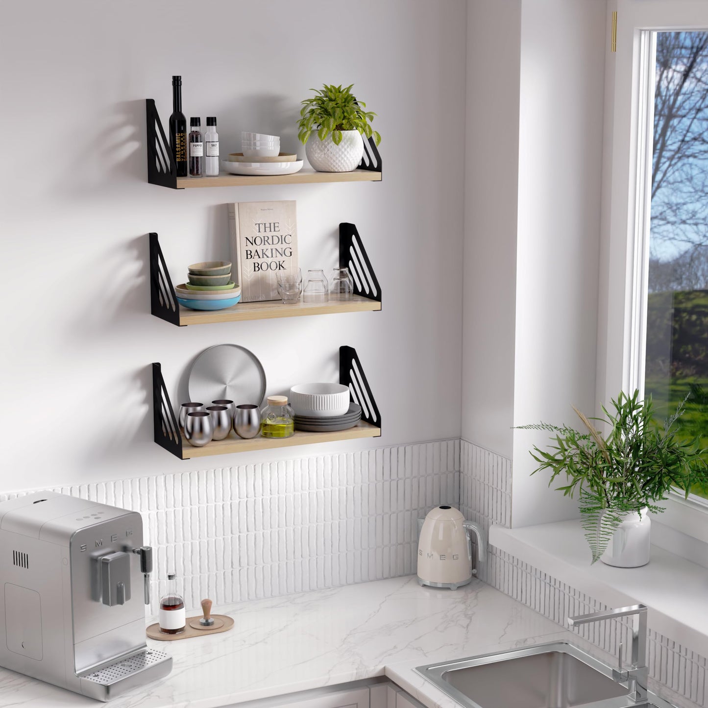 DINIAL Wall Mounted Floating Shelves for Wall Set of 3, Shelf Bookshelf for Bedroom Living Room Office Bathroom Kitchen Rustic Wood with Metal Bracket 03SH-03