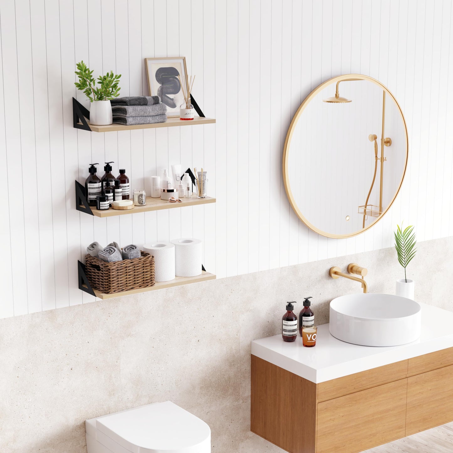 DINIAL Wall Mounted Floating Shelves for Wall Set of 3, Shelf Bookshelf for Bedroom Living Room Office Bathroom Kitchen Rustic Wood with Metal Bracket 02H-03