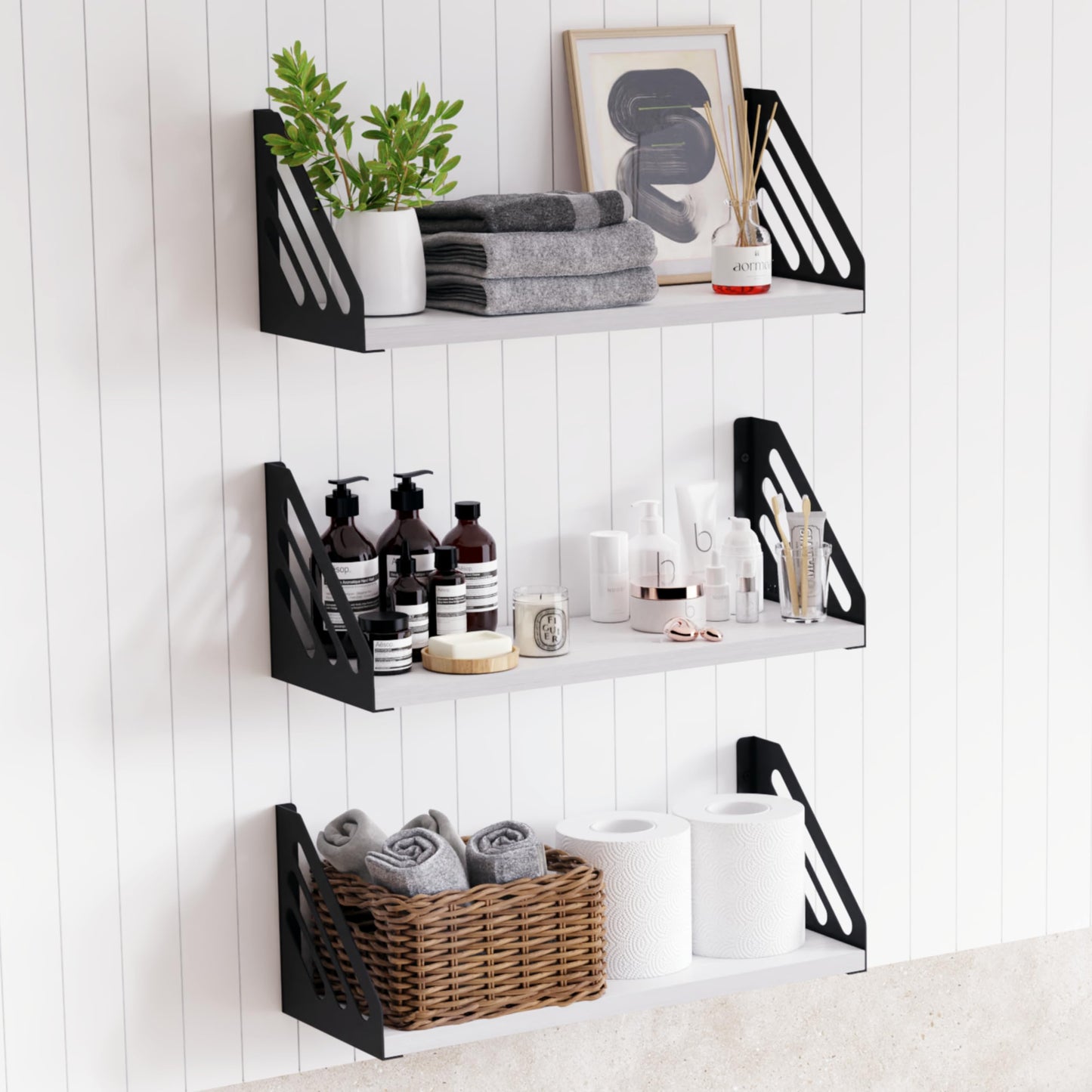 DINIAL Wall Mounted Floating Shelves for Wall Set of 3, Shelf Bookshelf for Bedroom Living Room Office Bathroom Kitchen Rustic Wood with Metal Bracket 03SH-03