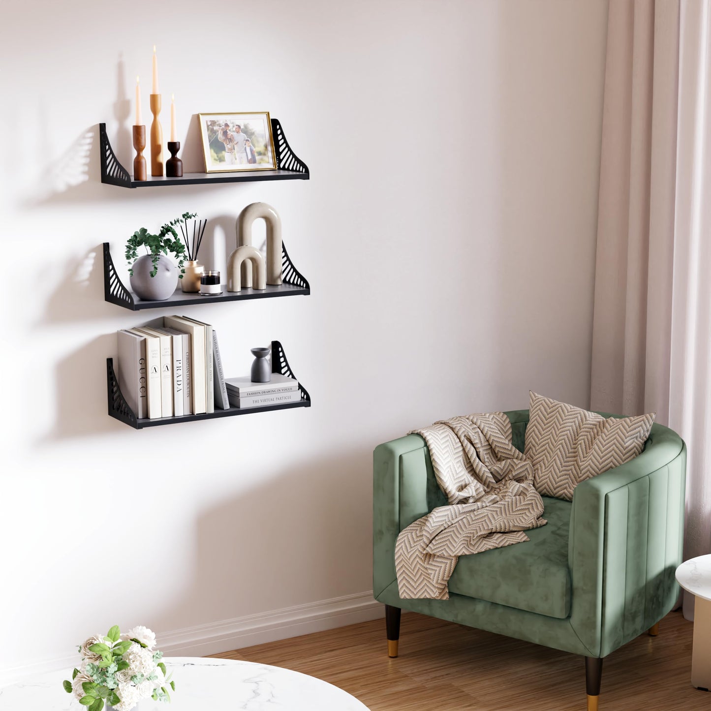 DINIAL Wall Mounted Floating Shelves for Wall Set of 3, Shelf Bookshelf for Bedroom Living Room Office Bathroom Kitchen Rustic Wood with Metal Bracket 04