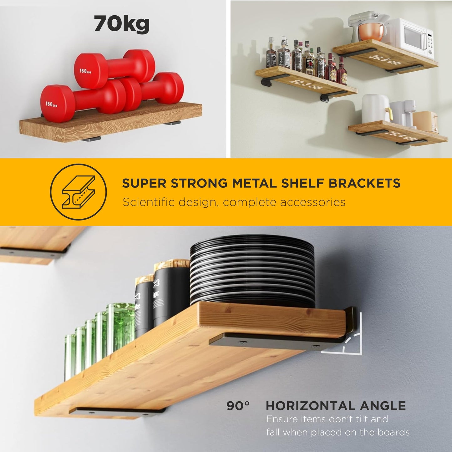 DINIAL Floating Shelf Brackets, Heavy Duty Shelf Brackets for Shelves, Color Coated 5mm Metal Wall Shelf Support Brackets, 75KG Load Capacity