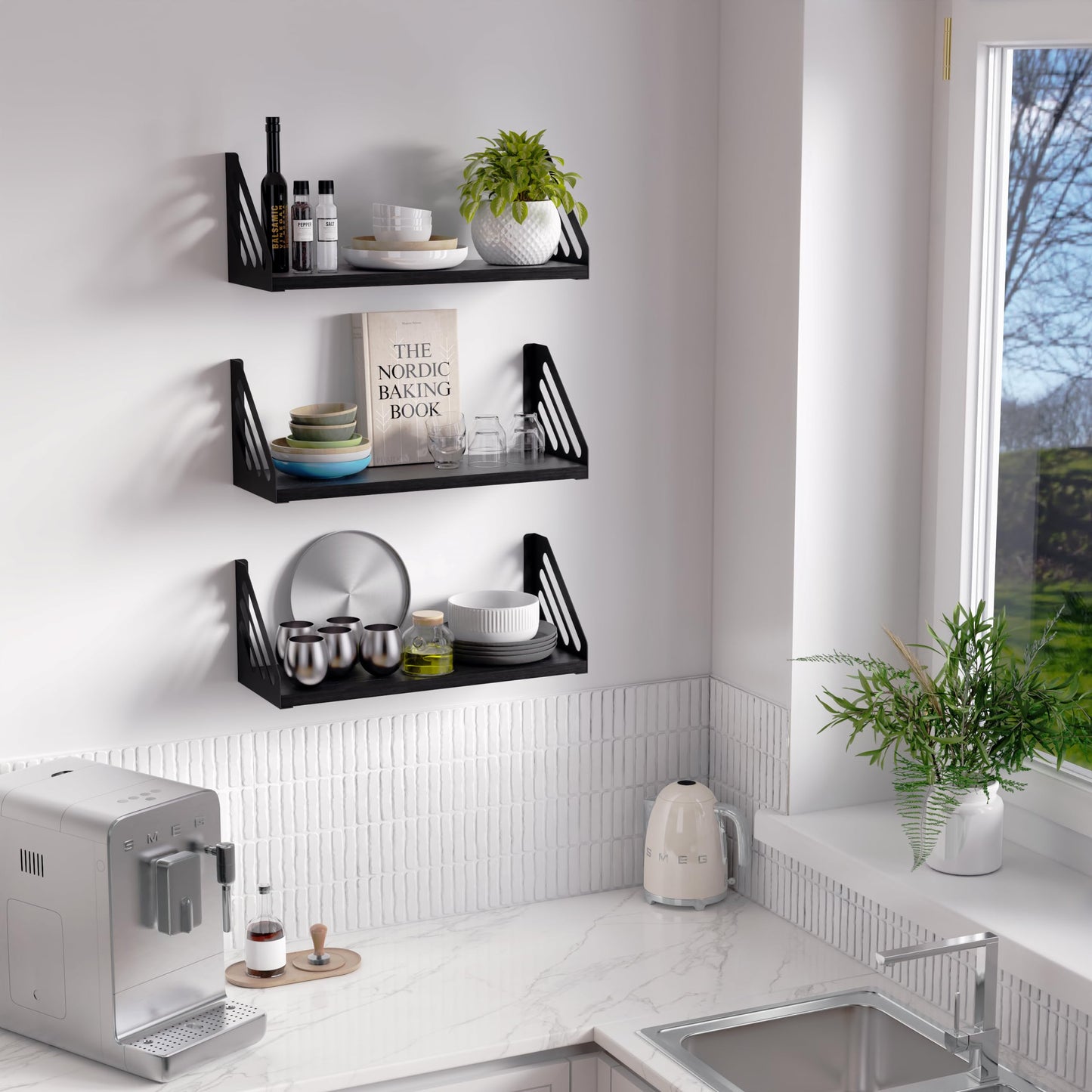 DINIAL Wall Mounted Floating Shelves for Wall Set of 3, Shelf Bookshelf for Bedroom Living Room Office Bathroom Kitchen Rustic Wood with Metal Bracket 03SH-03