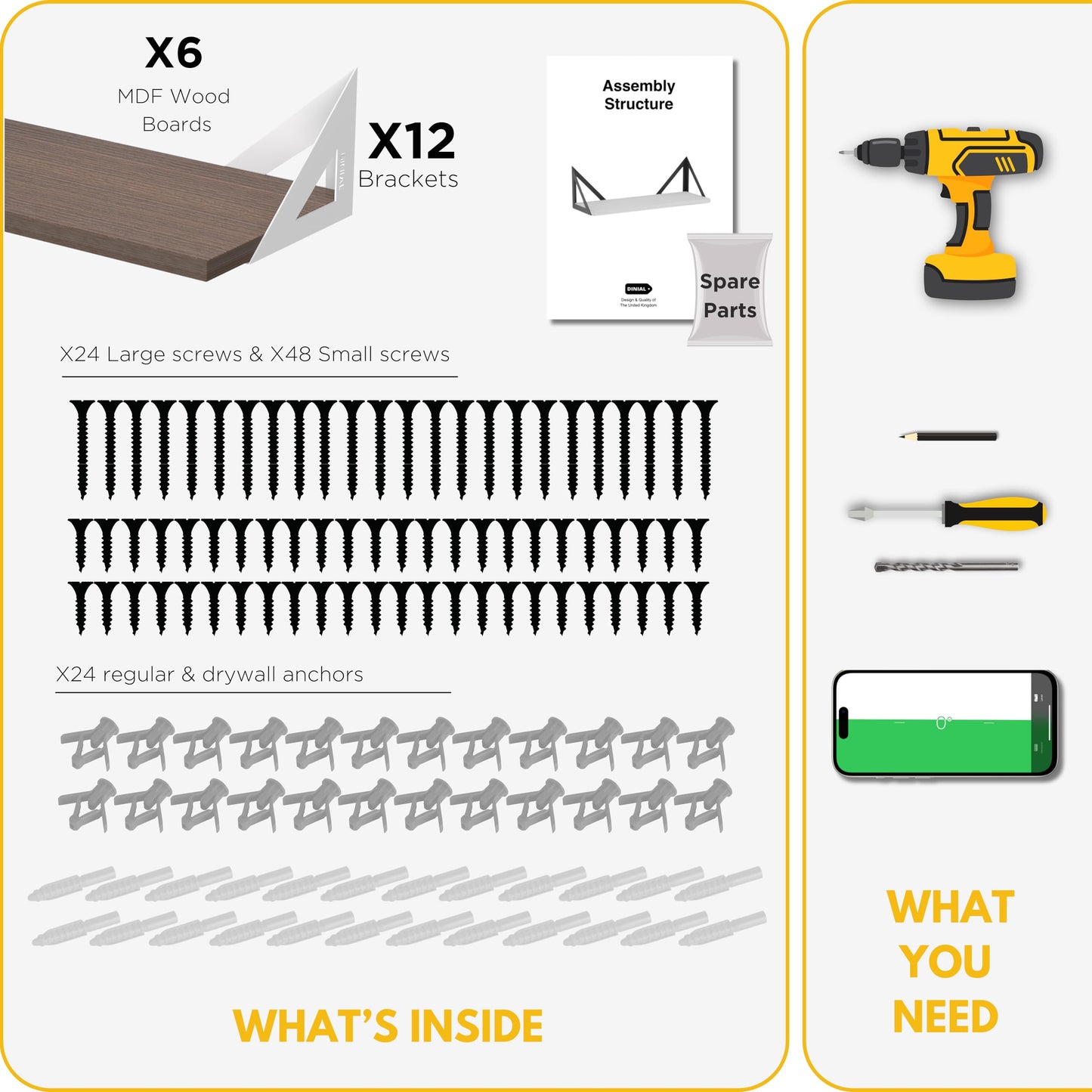 DINIAL Wall Mounted Floating Shelves for Wall Set of 6, Shelf Bookshelf for Bedroom Living Room Office Bathroom Kitchen Rustic Wood with Metal Bracket 02SH-06