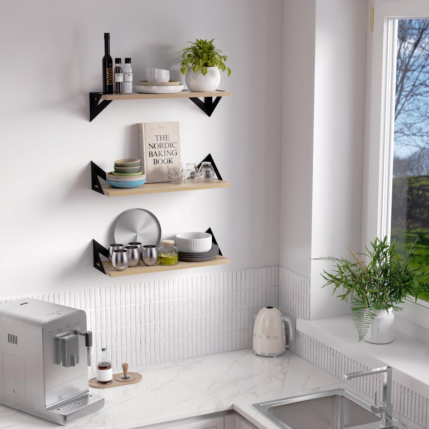 DINIAL Wall Mounted Floating Shelves for Wall Set of 3, Shelf Bookshelf for Bedroom Living Room Office Bathroom Kitchen Rustic Wood with Metal Bracket 02H-03