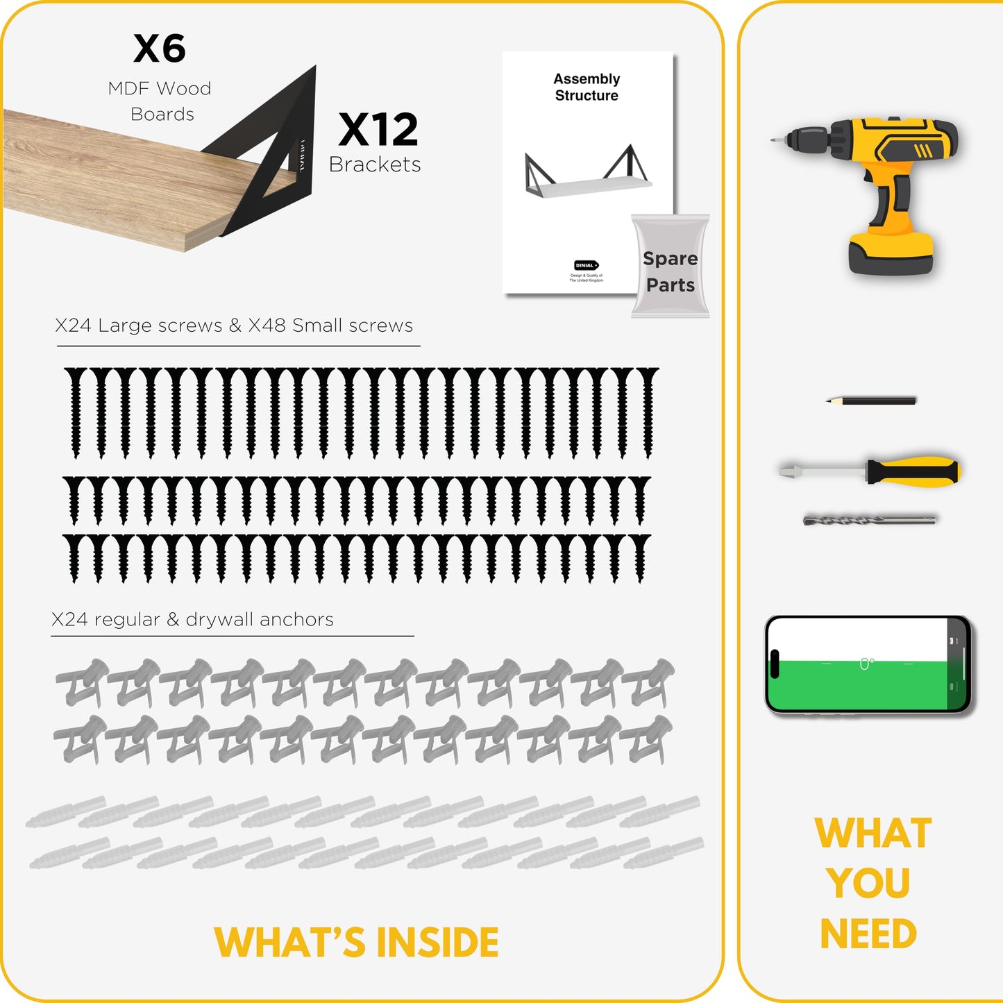 DINIAL Wall Mounted Floating Shelves for Wall Set of 6, Shelf Bookshelf for Bedroom Living Room Office Bathroom Kitchen Rustic Wood with Metal Bracket 02SH-06