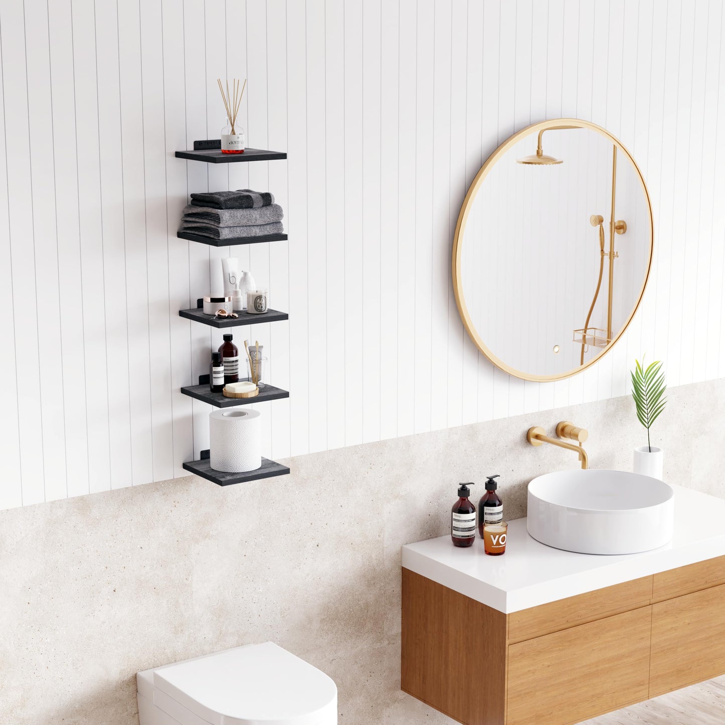 DINIAL Wall Mounted Floating Shelves for Wall Set of 5 size 15x15cm, Shelf Bookshelf for Bedroom Living Room Office Bathroom Kitchen Rustic Wood with Metal Bracket