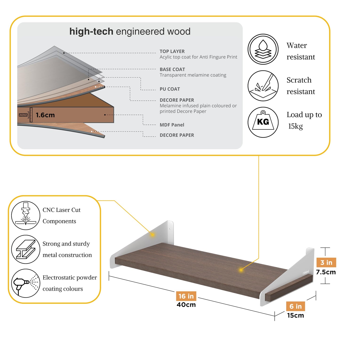 DINIAL Wall Mounted Floating Shelves for Wall Set of 3, Shelf Bookshelf for Bedroom Living Room Office Bathroom Kitchen Rustic Wood with Metal Bracket 01SH-03