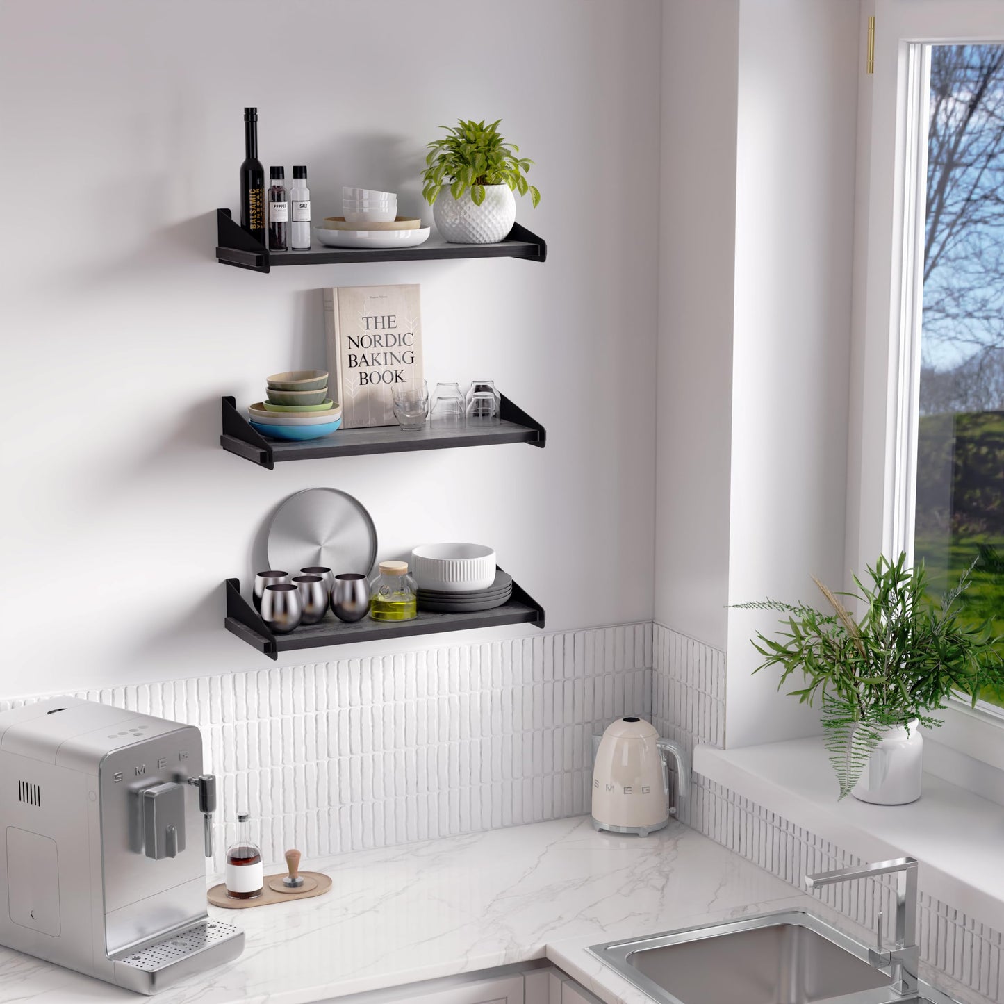 DINIAL Wall Mounted Floating Shelves for Wall Set of 3, Shelf Bookshelf for Bedroom Living Room Office Bathroom Kitchen Rustic Wood with Metal Bracket 01SH-03