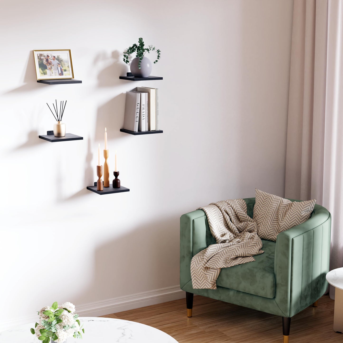 DINIAL Wall Mounted Floating Shelves for Wall Set of 5 size 15x15cm, Shelf Bookshelf for Bedroom Living Room Office Bathroom Kitchen Rustic Wood with Metal Bracket