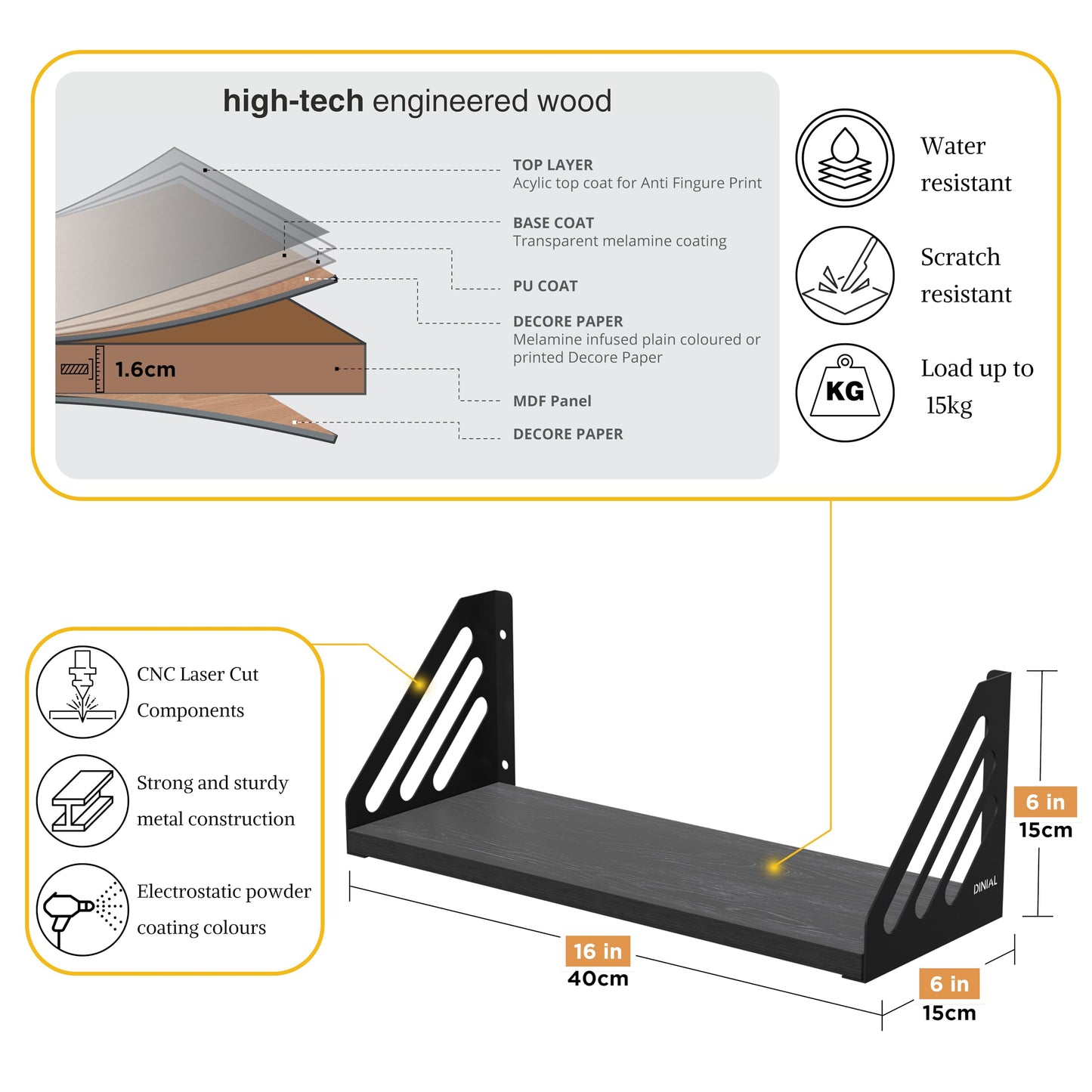 DINIAL Wall Mounted Floating Shelves for Wall Set of 3, Shelf Bookshelf for Bedroom Living Room Office Bathroom Kitchen Rustic Wood with Metal Bracket 03SH-03