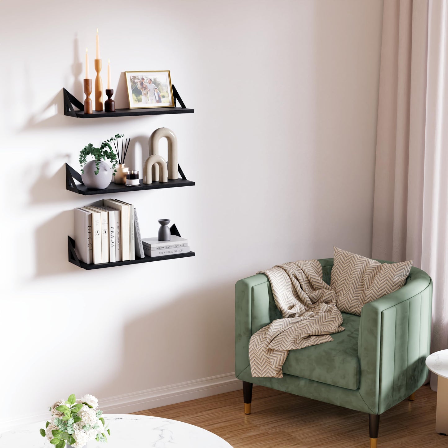 DINIAL Wall Mounted Floating Shelves for Wall Set of 3, Shelf Bookshelf for Bedroom Living Room Office Bathroom Kitchen Rustic Wood with Metal Bracket 02H-03